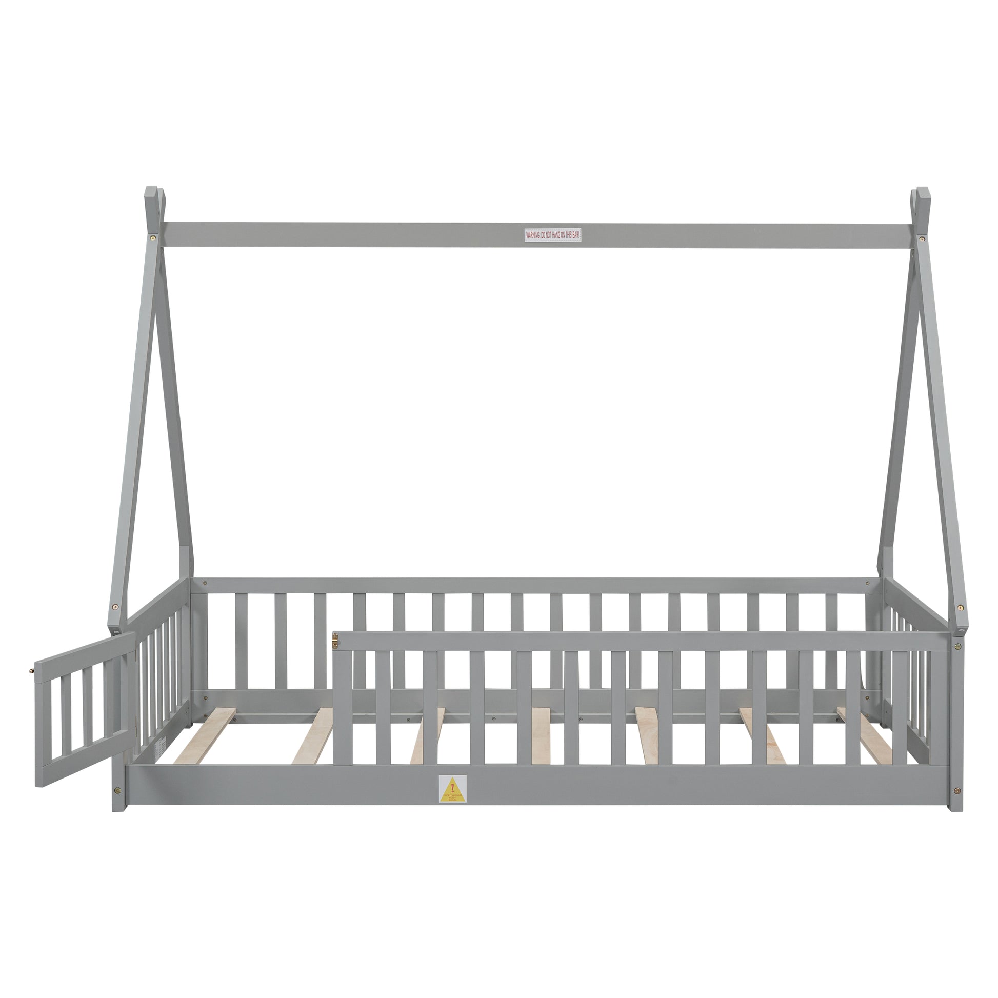 Grey wooden house bed frame with guardrails and a builtin ladder cutout ideal for childrens bedrooms