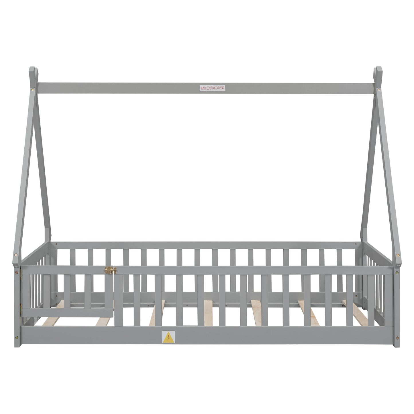 Gray wooden house bed frame with slatted sides and safety rails