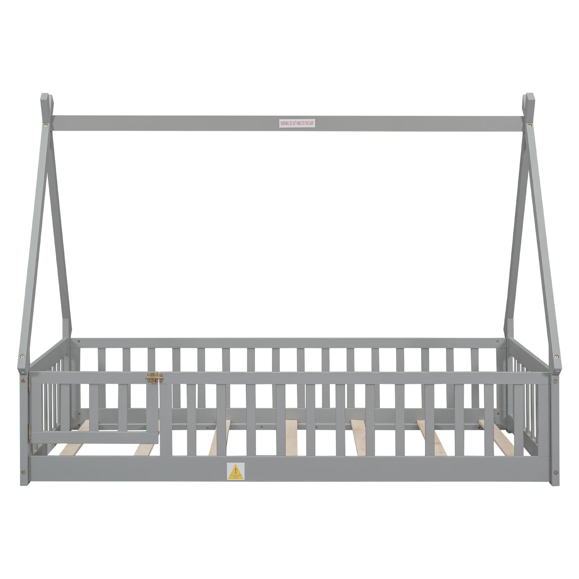 Gray wooden house bed frame with slatted sides and safety rails