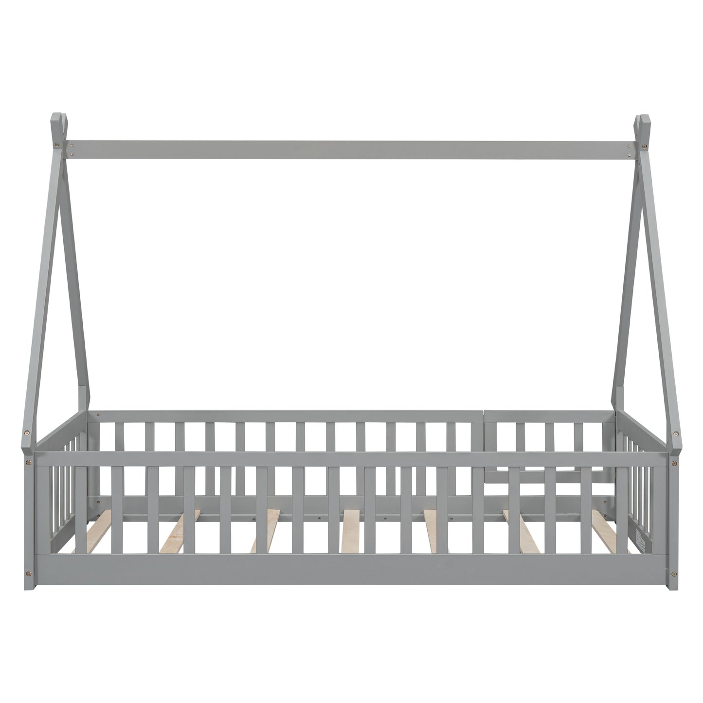 Gray wooden house bed frame with safety rails for toddler use