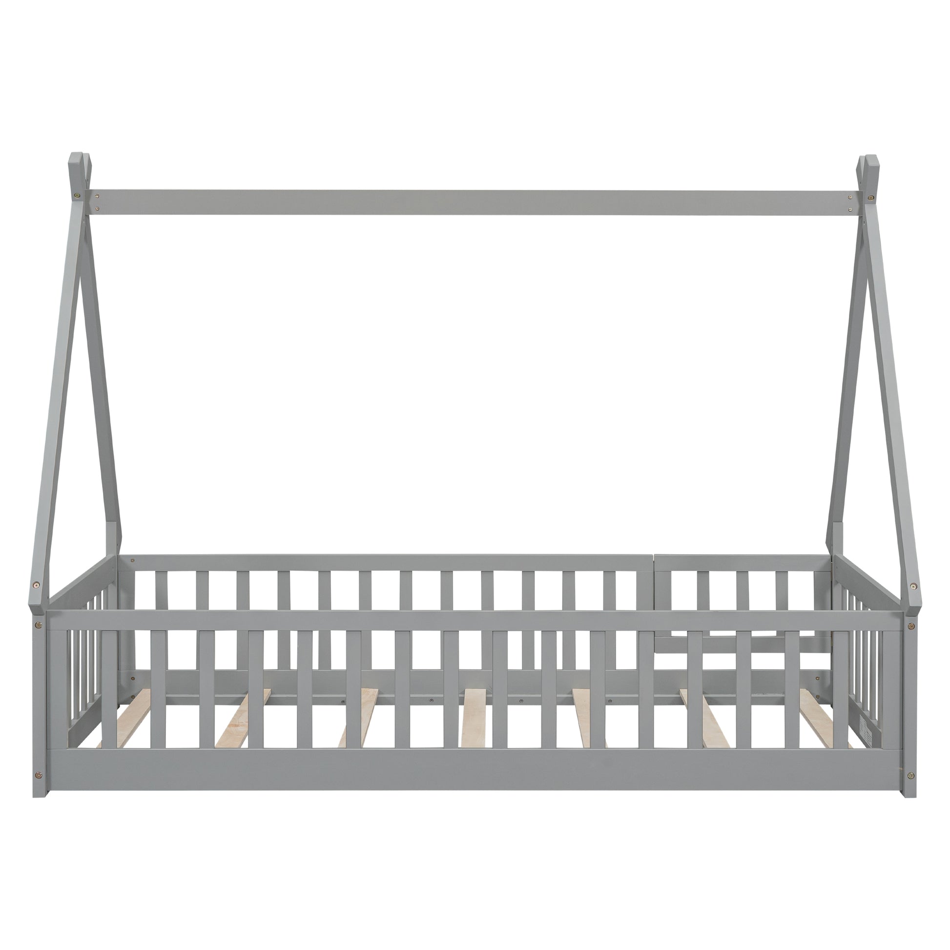 Gray wooden house bed frame with safety rails for toddler use