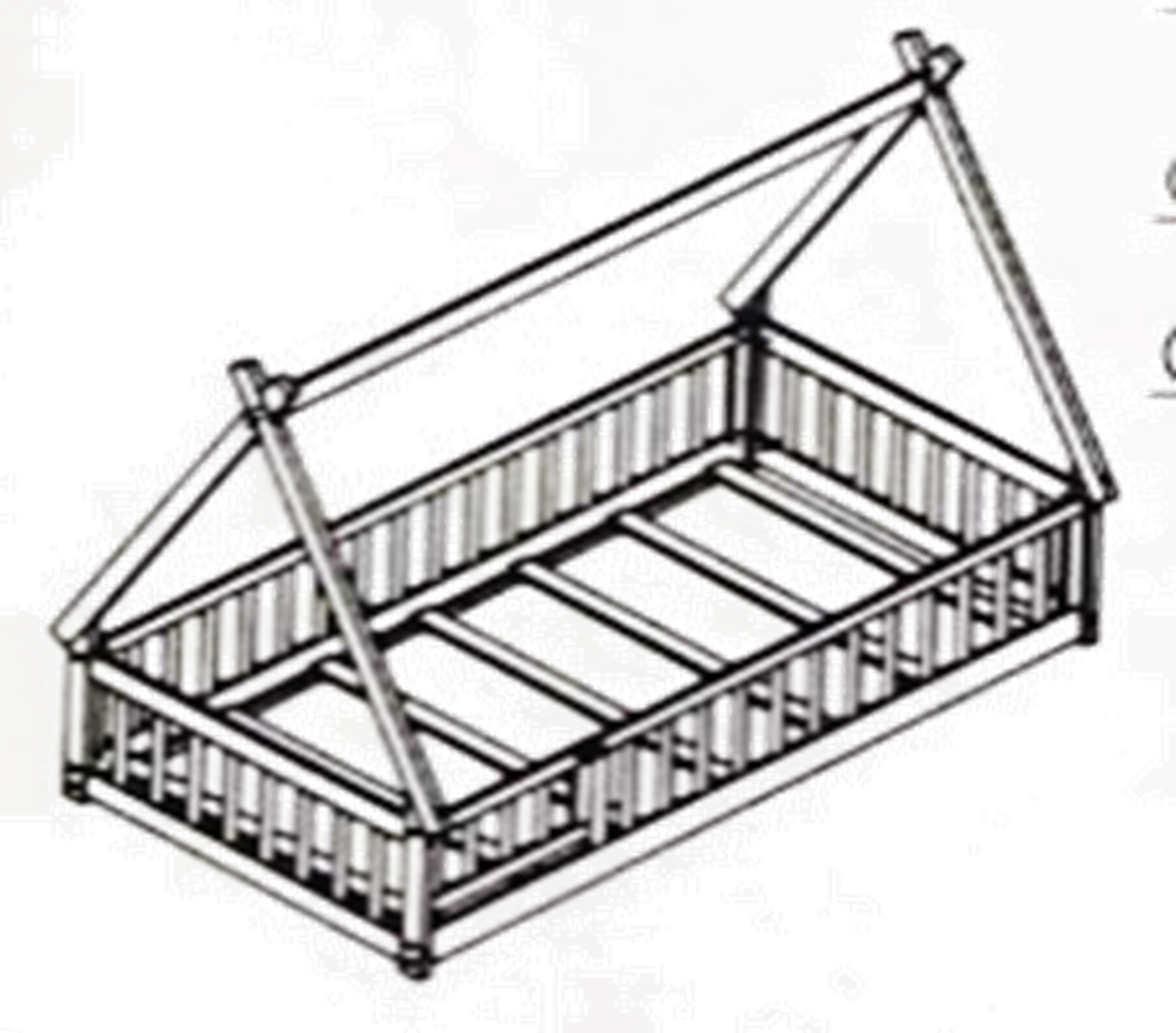 Wooden toddler bed frame with slatted sides and a triangular canopy