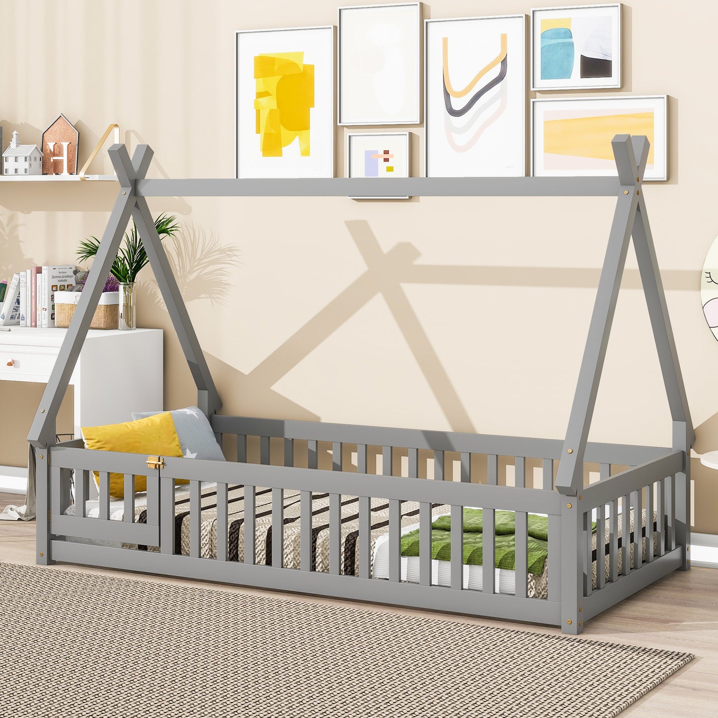 Gray wooden teepee bed frame with guardrails for toddler safety