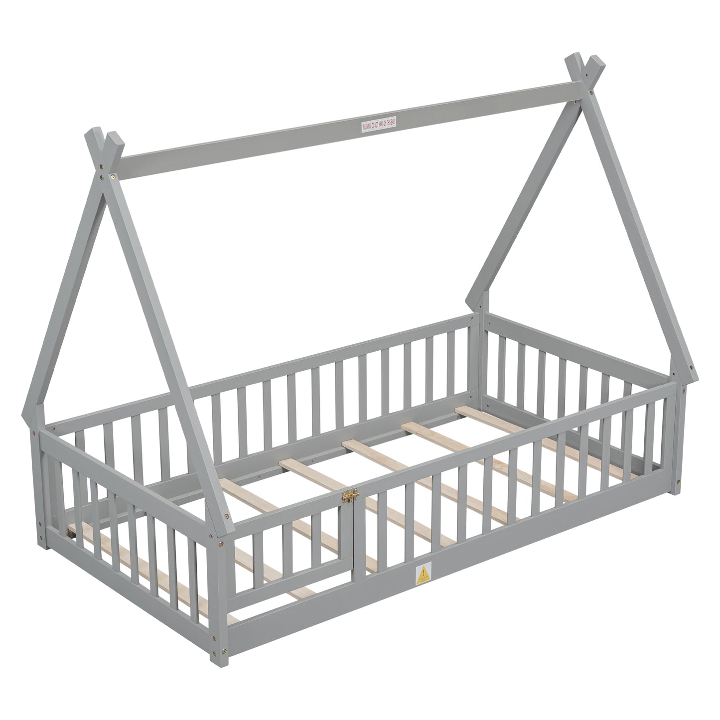 Gray wooden kids teepee bed frame with slatted mattress support