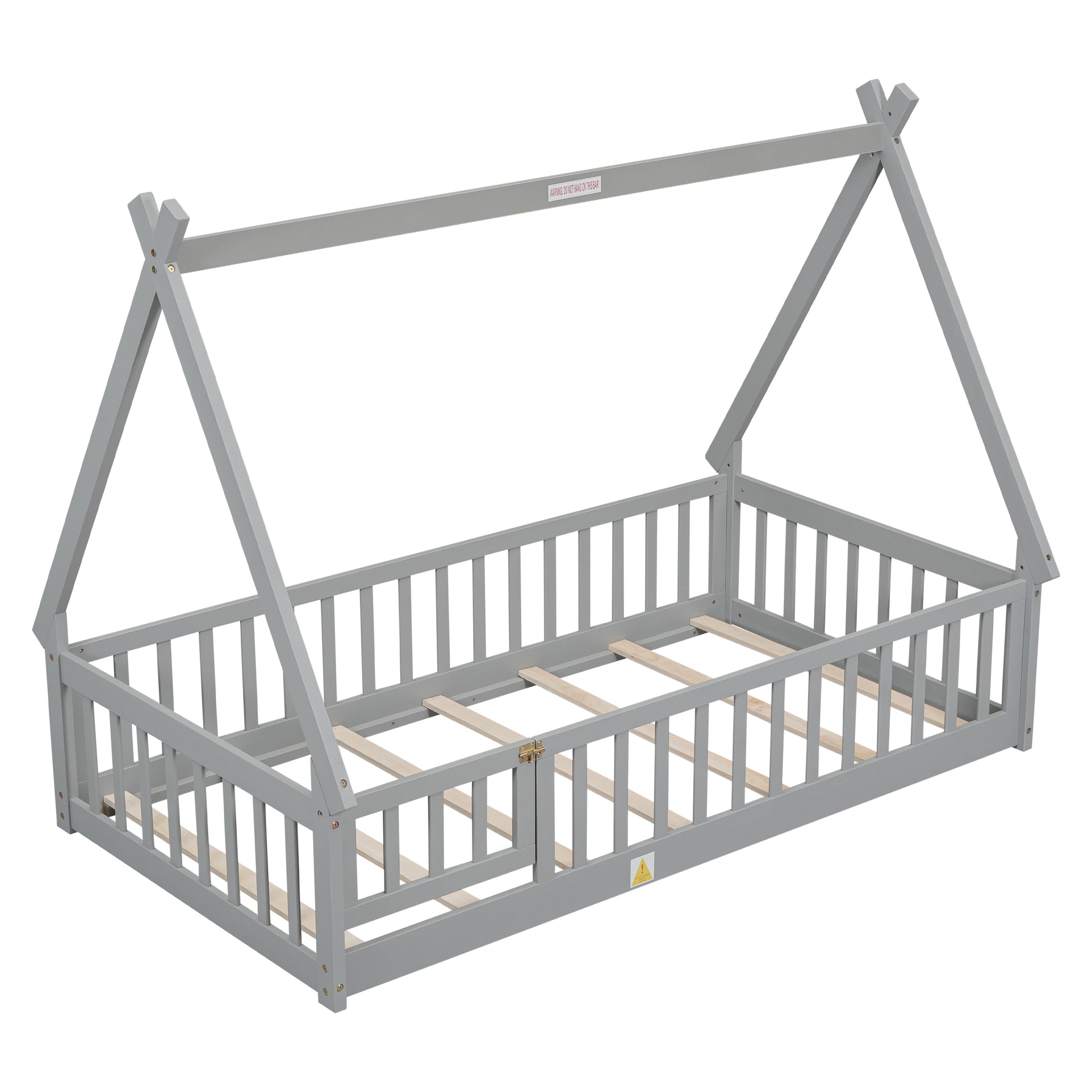 Gray wooden kids teepee bed frame with slatted mattress support