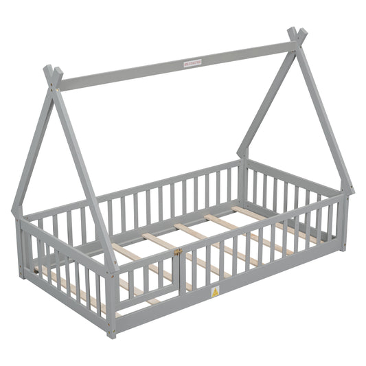 Gray wooden kids teepee bed frame with slatted mattress support