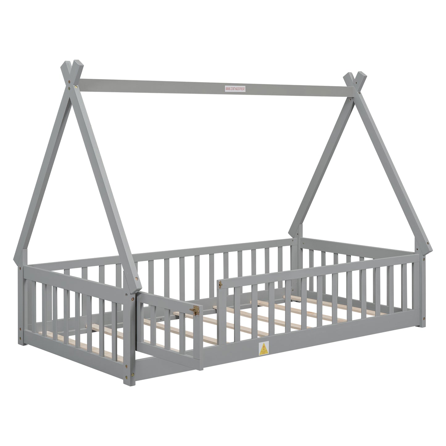 Grey wooden kids bed frame with a teepee design and protective rails