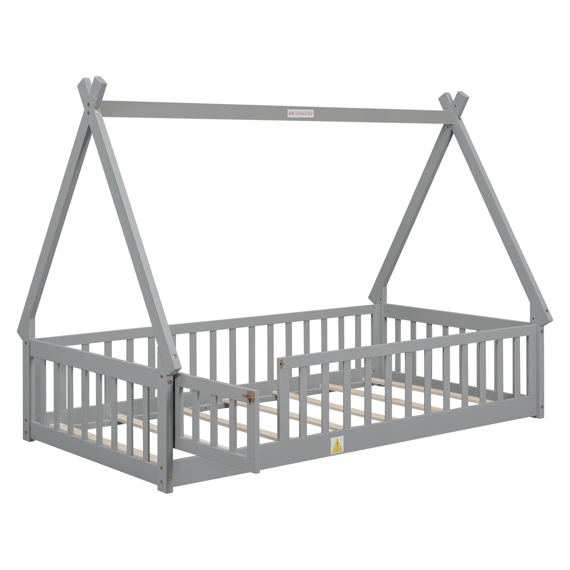 Grey wooden kids bed frame with a teepee design and protective rails