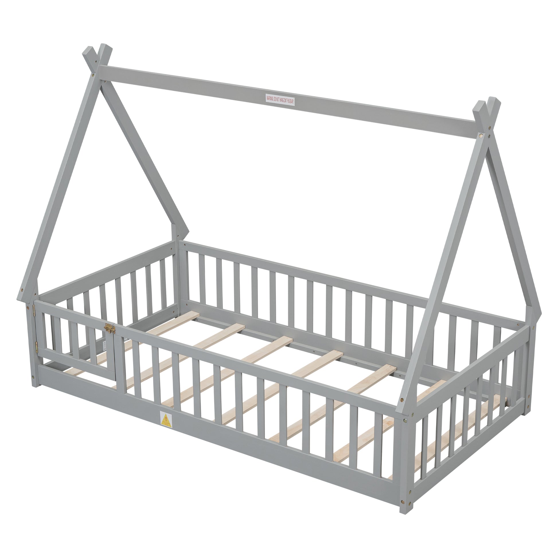Grey wooden toddler bed with a teepee frame and slatted mattress support