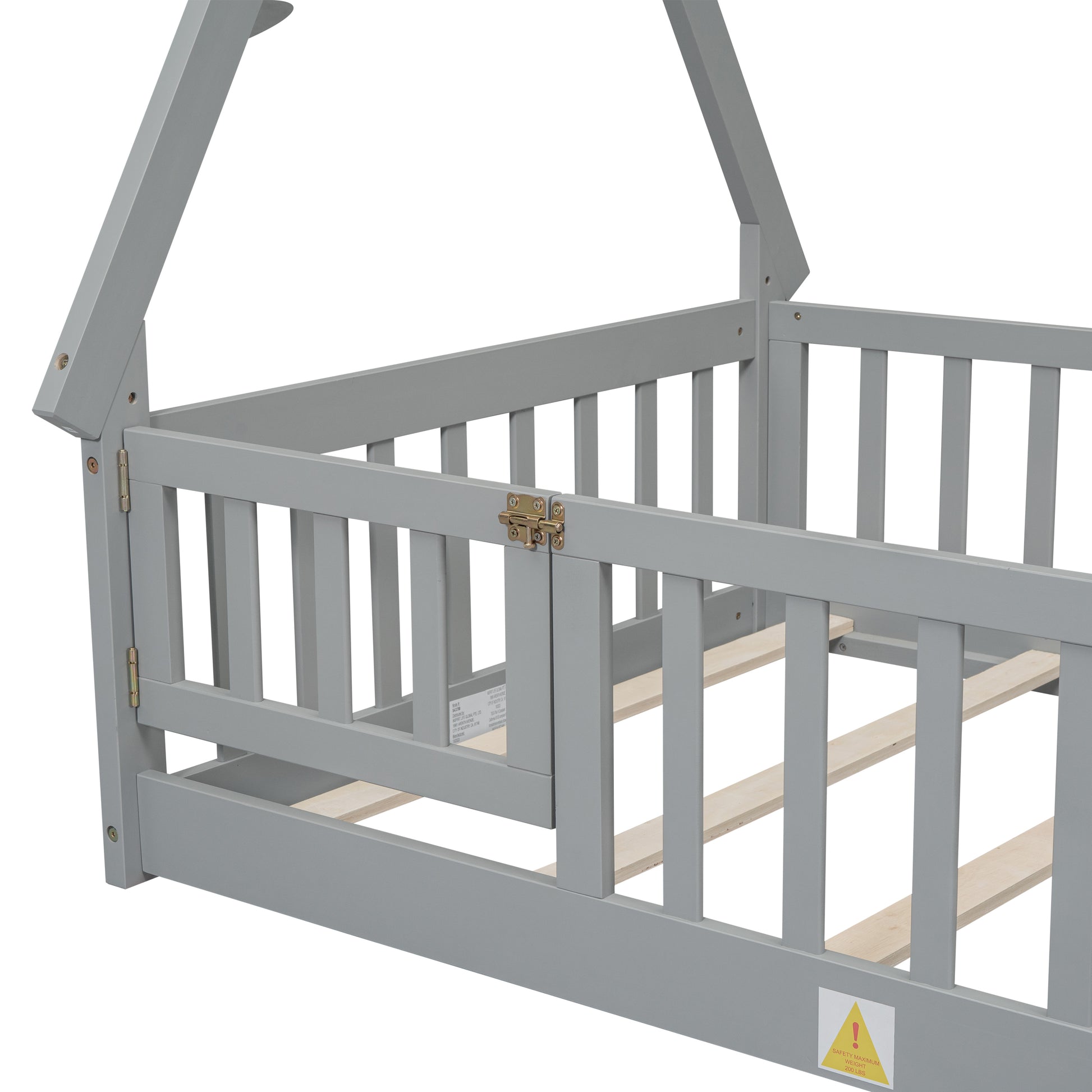Gray wooden toddler bed frame with guardrails and houseshaped headboard