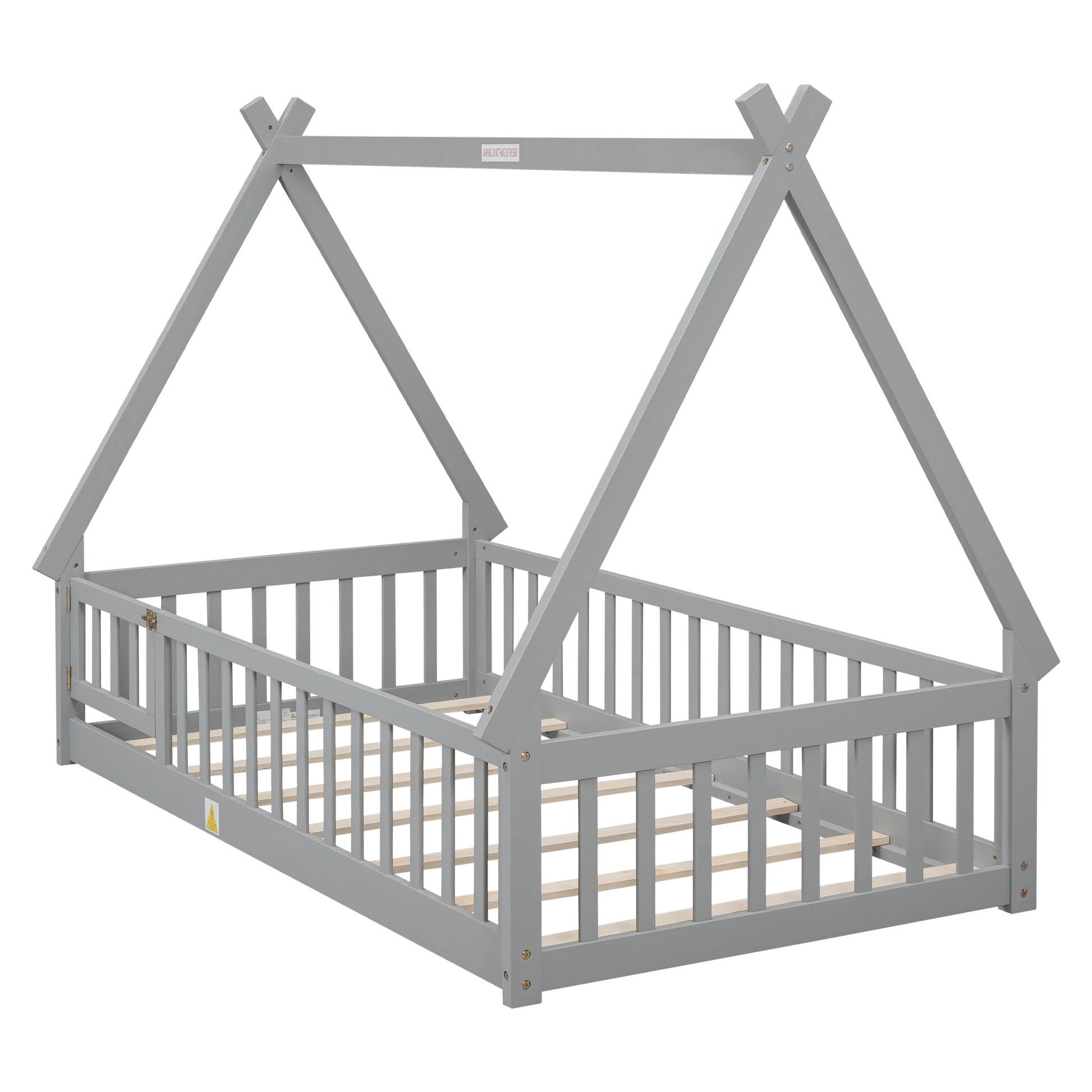 Gray wooden kids teepee bed frame with safety rails