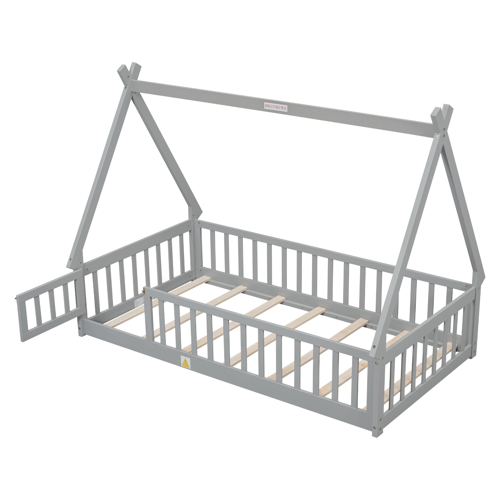 Grey wooden teepee bed frame for toddlers with safety rails and slats