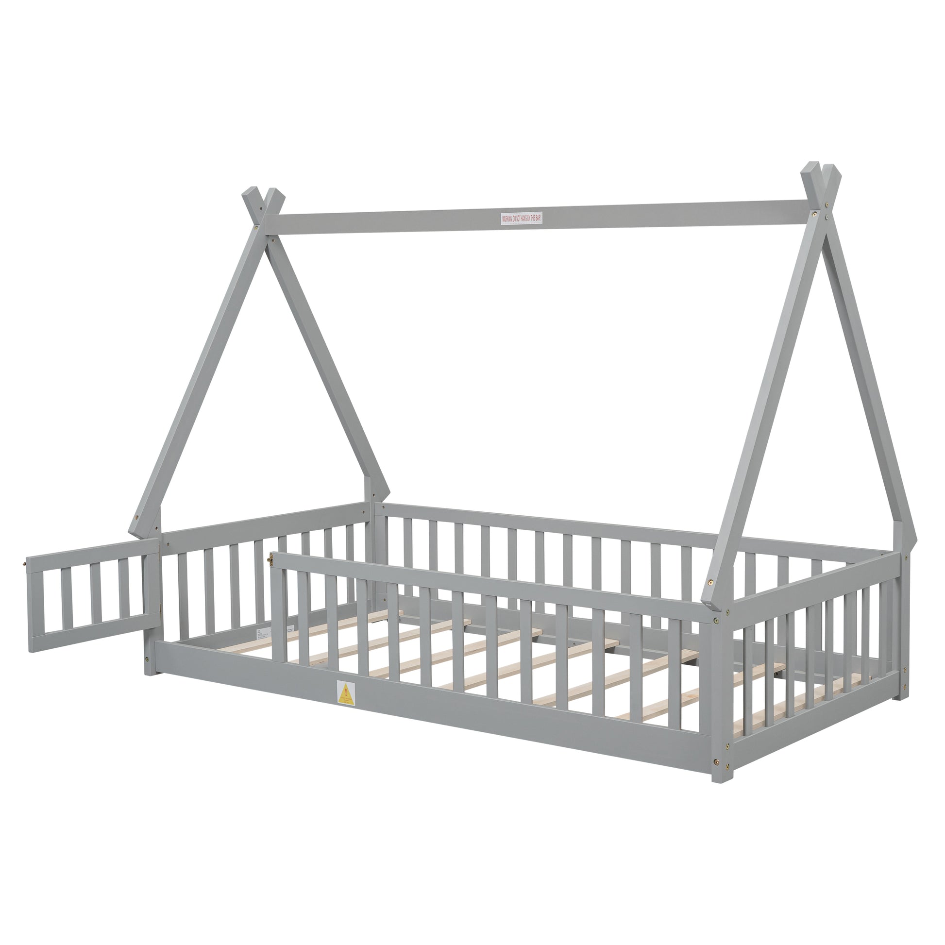 Gray wooden toddler bed frame with teepeestyle canopy and safety rails