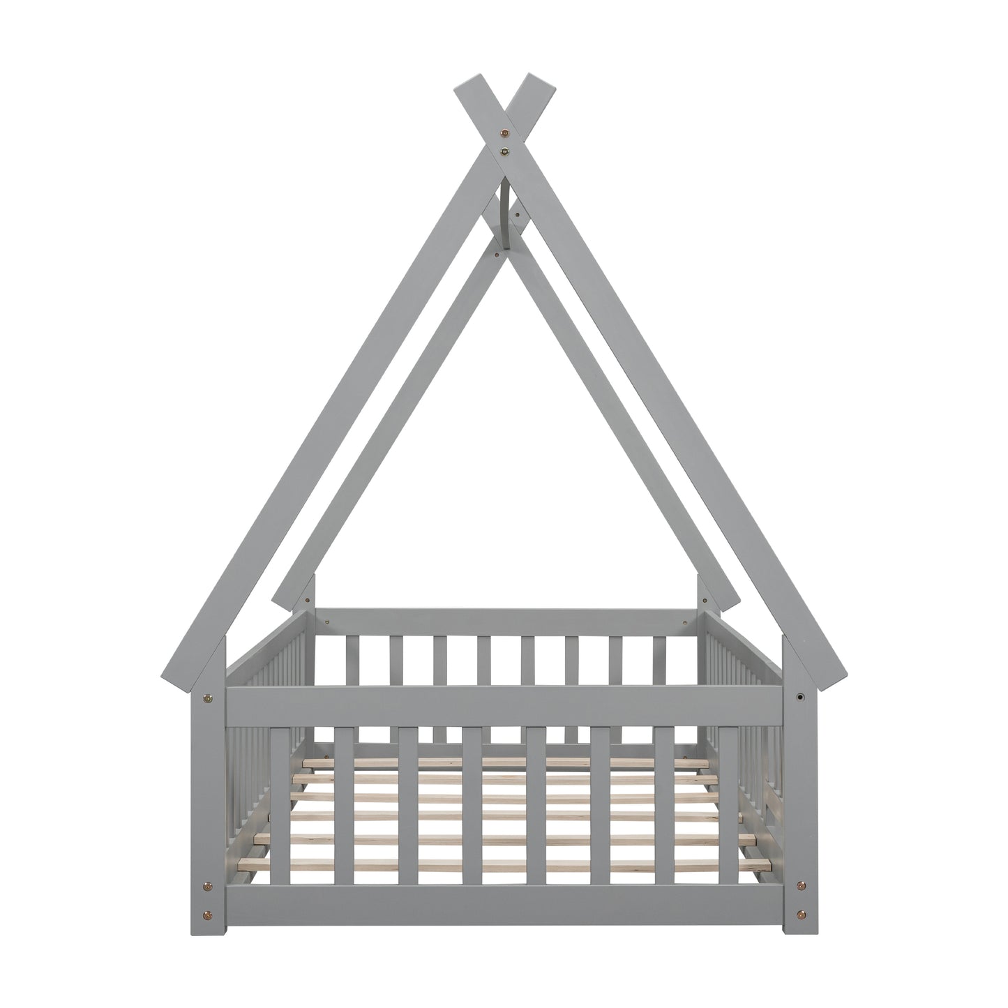 Gray wooden teepee toddler bed frame with slats