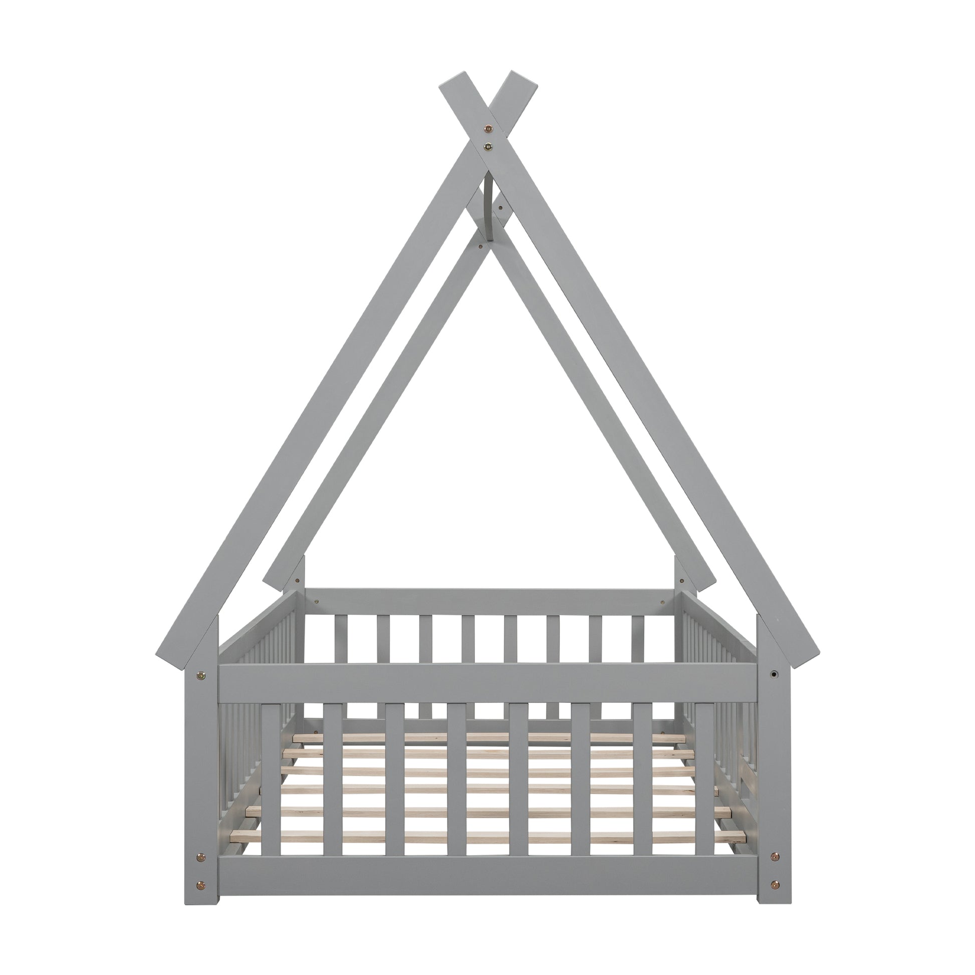 Gray wooden teepee toddler bed frame with slats