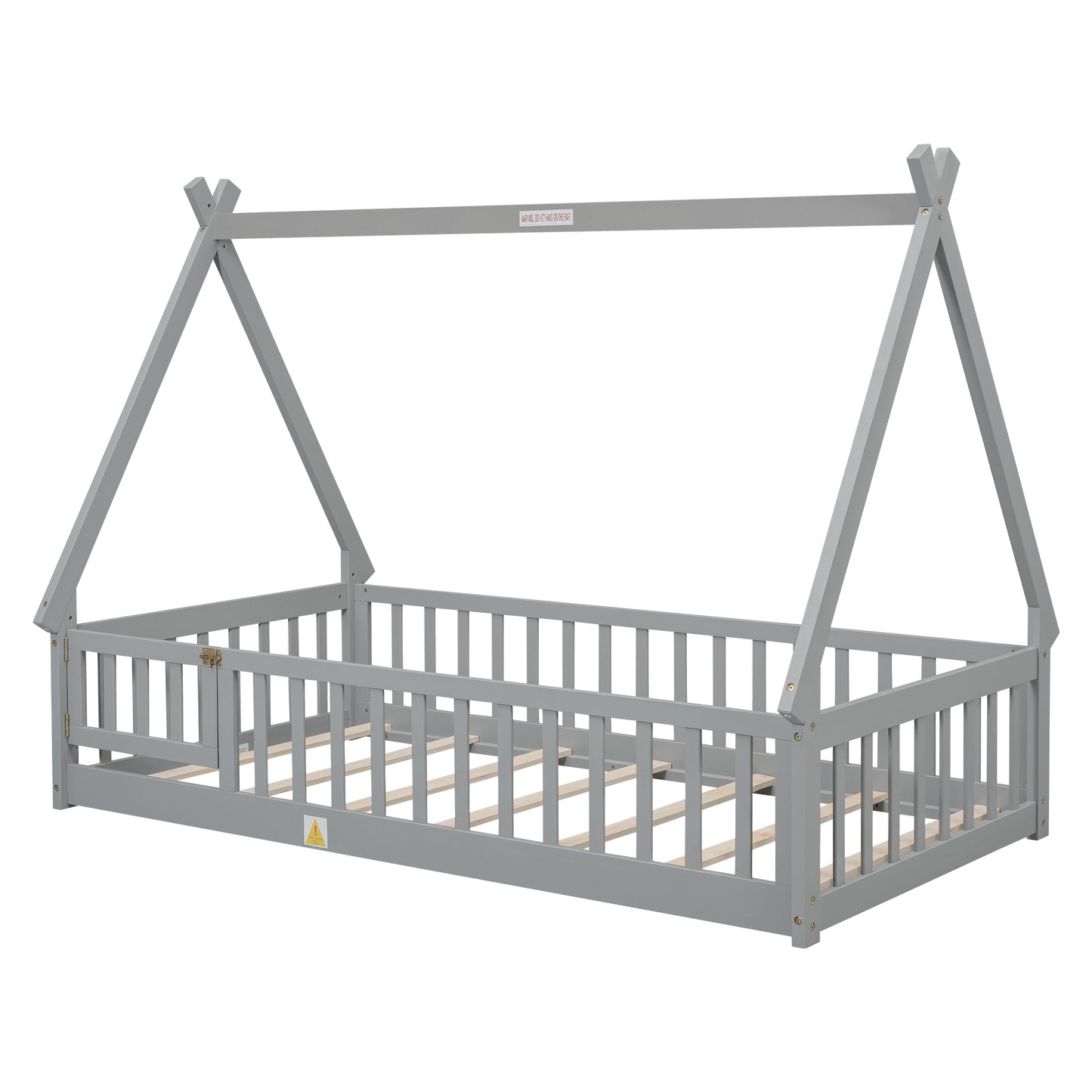 Grey wooden twin house bed frame with a teepeestyle roof and safety rails