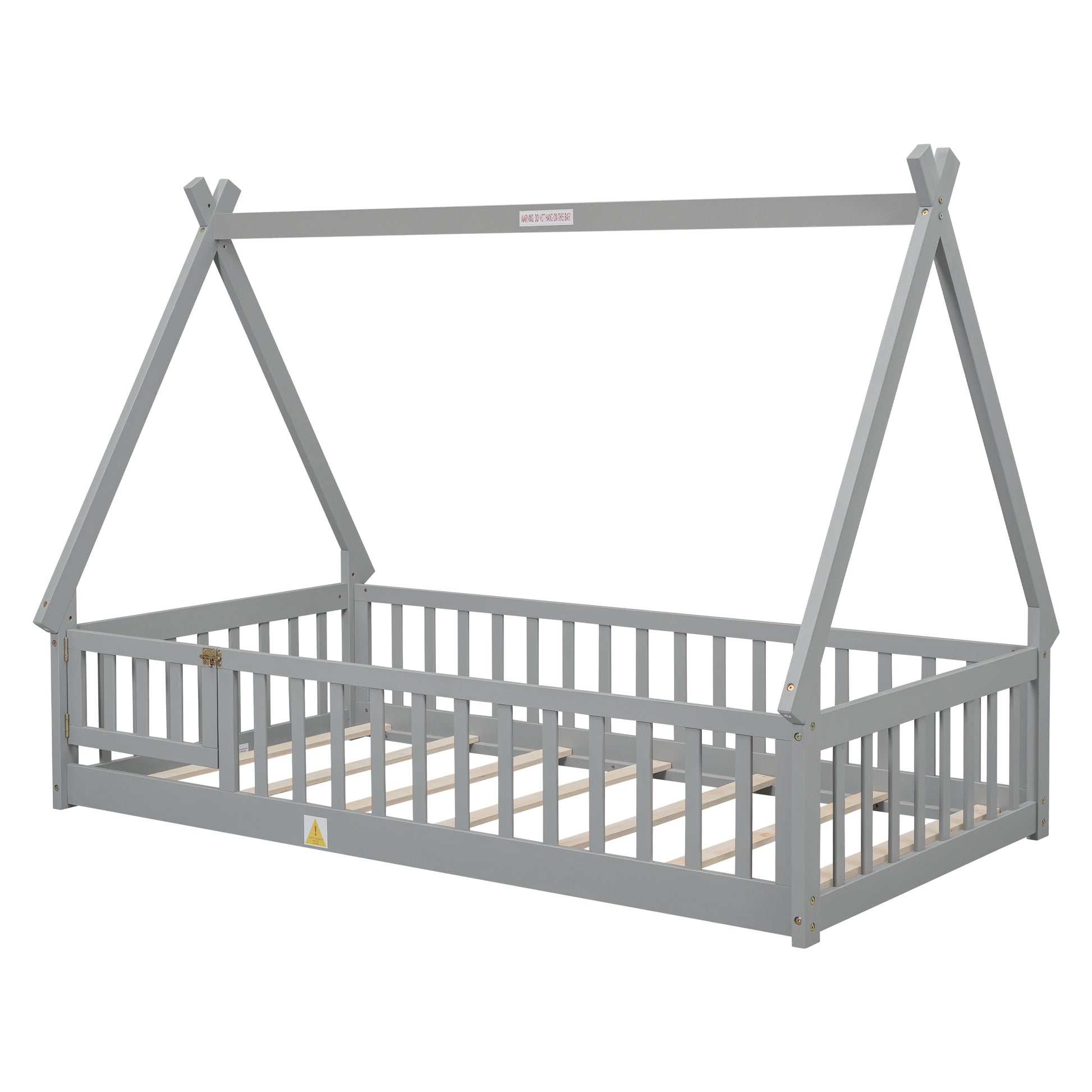 Grey wooden twin house bed frame with a teepeestyle roof and safety rails