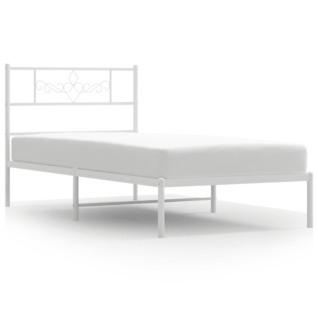 Line drawing of a metal bed frame with decorative headboard showing dimensions for height width and length