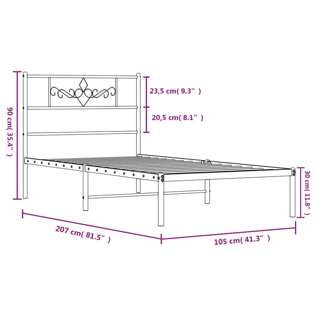 White metal single bed frame with ornate headboard