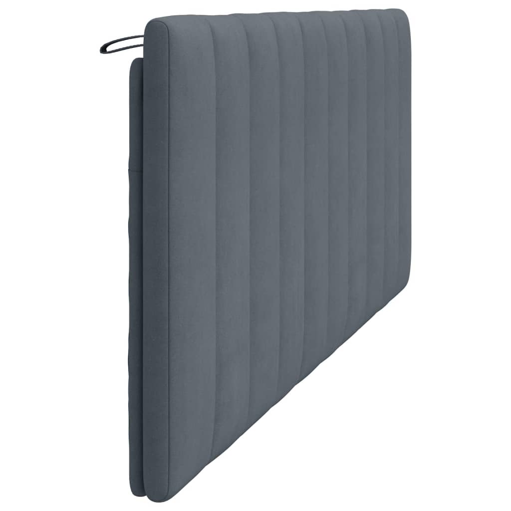 Grey velvet upholstered headboard with vertical channel tufting