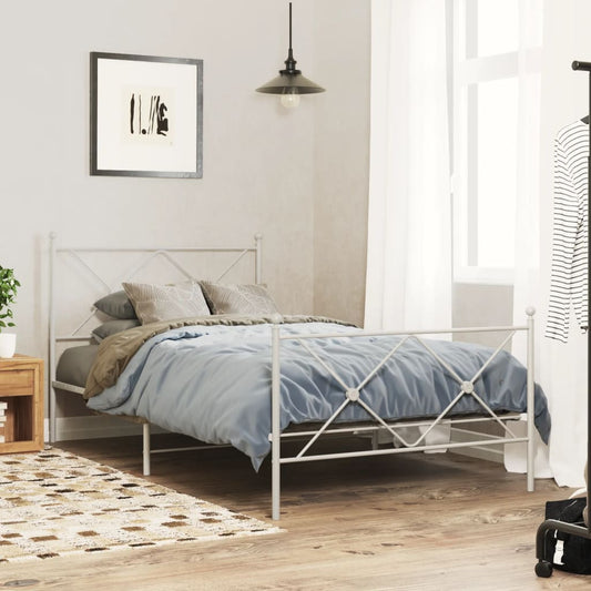 White metal twin bed frame with crisscross headboard detail and blue bedding