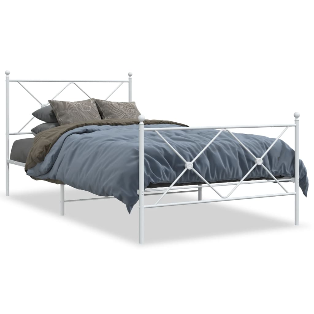 White metal single bed frame with decorative headboard and footboard