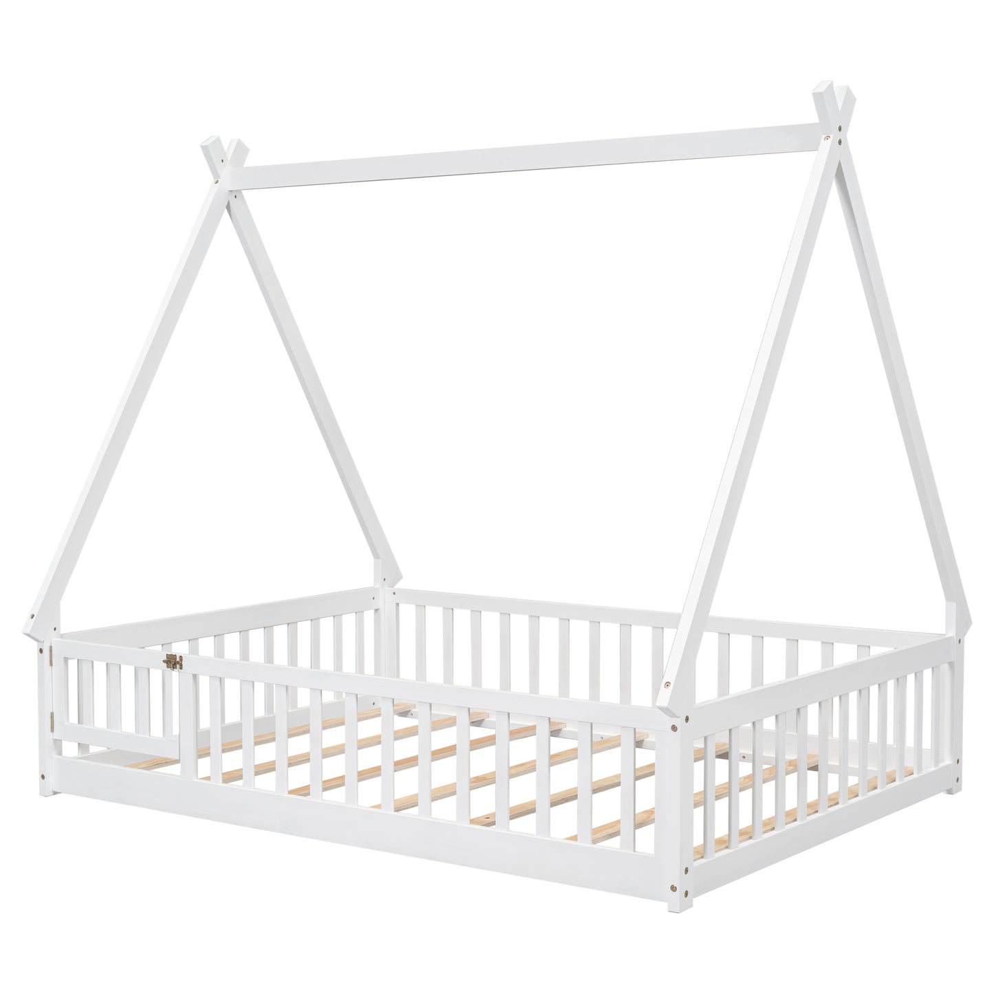 White wooden house bed frame for kids with slatted base and tent roof design
