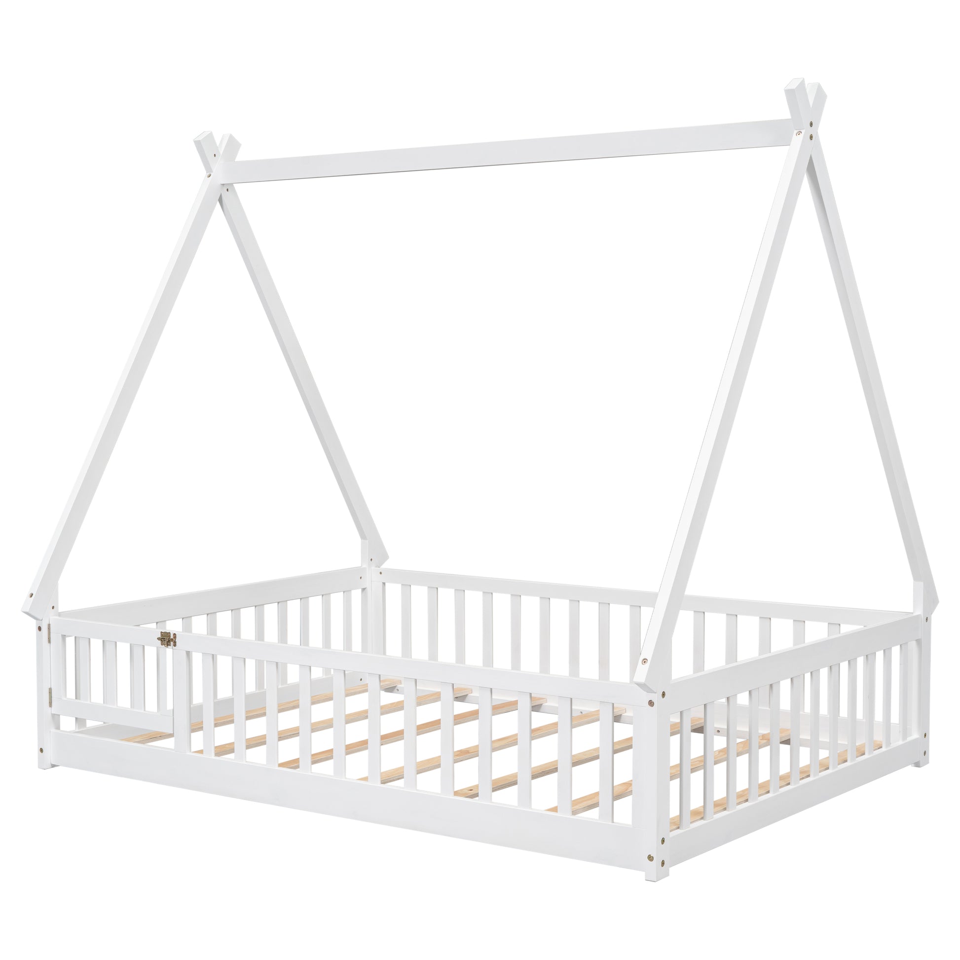 White wooden house bed frame for kids with slatted base and tent roof design