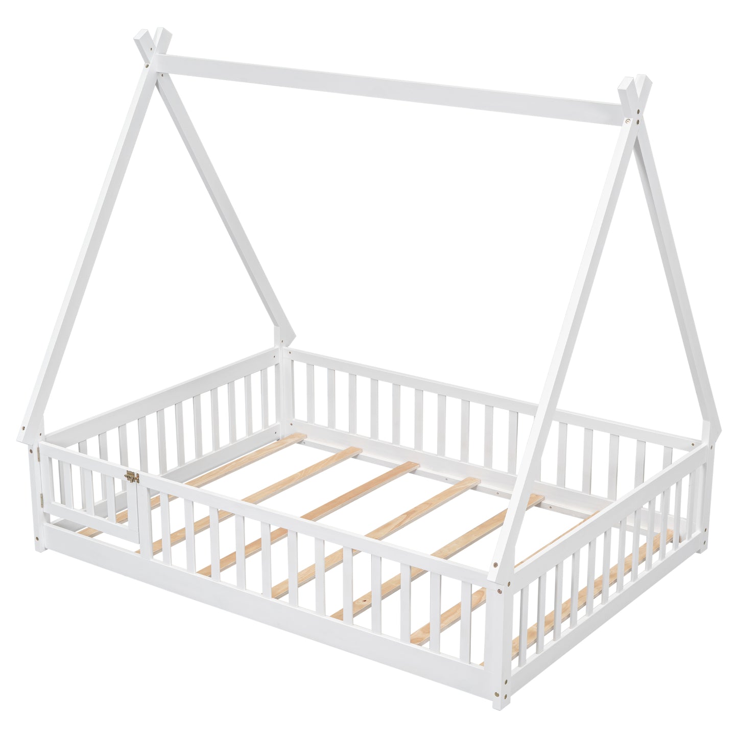 White wooden teepee bed frame with slatted mattress support and safety rails