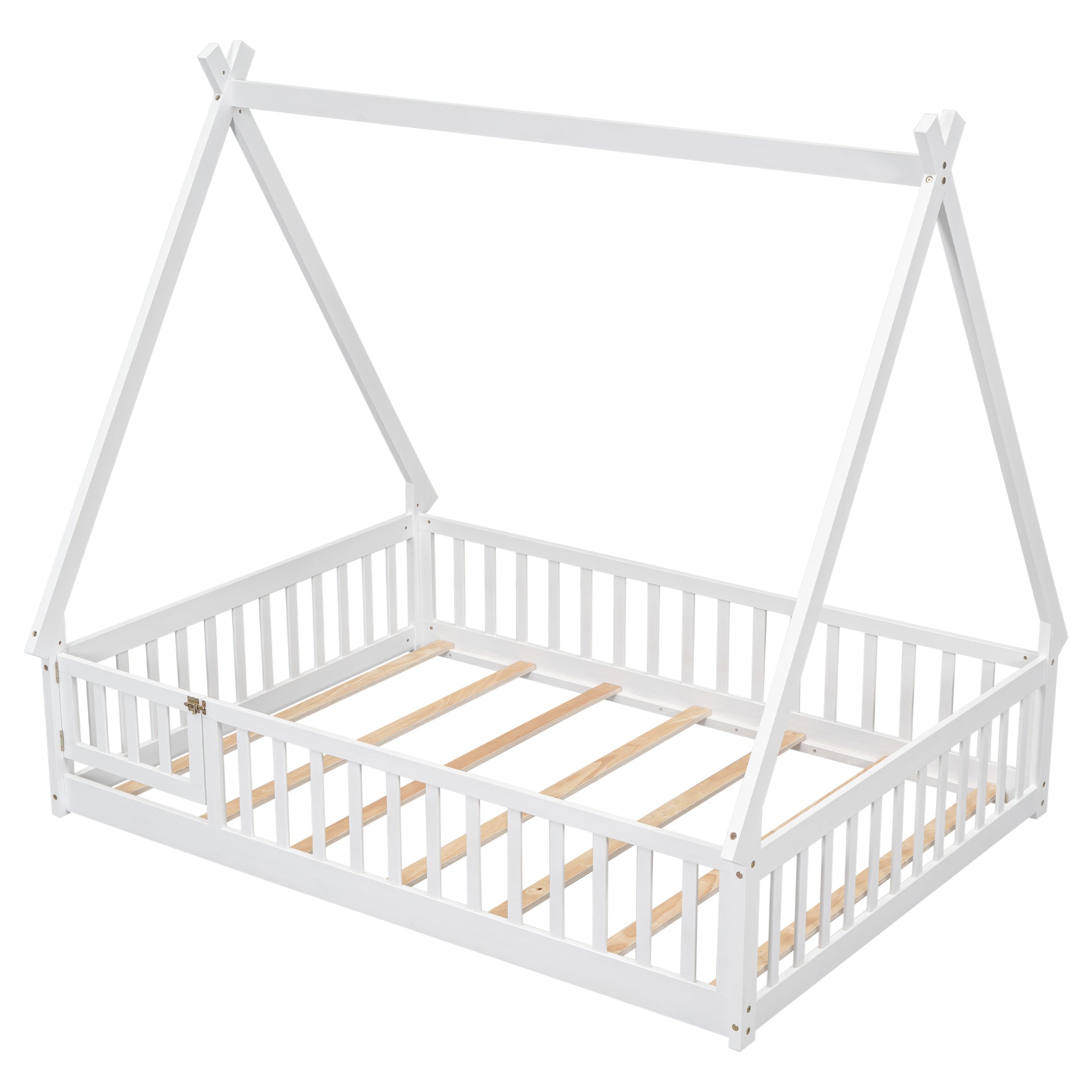White wooden teepee bed frame with slatted mattress support and safety rails