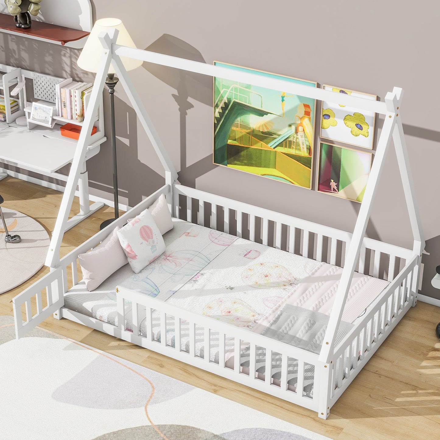 White wooden Montessori house bed with playful balloon bedding