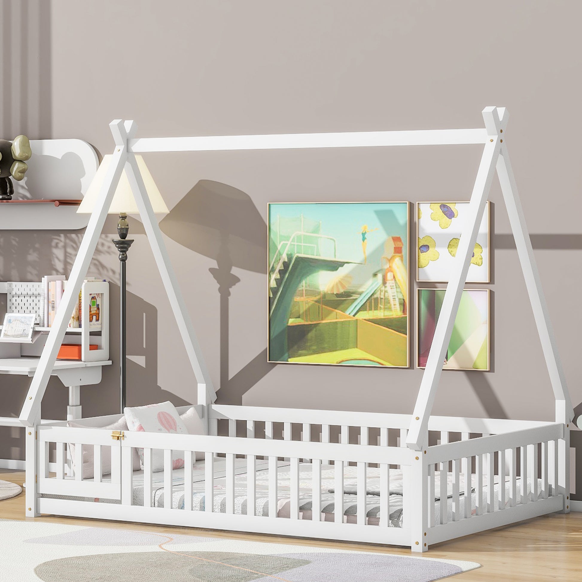 White wooden Montessori bed with a house frame and guardrails for toddlers