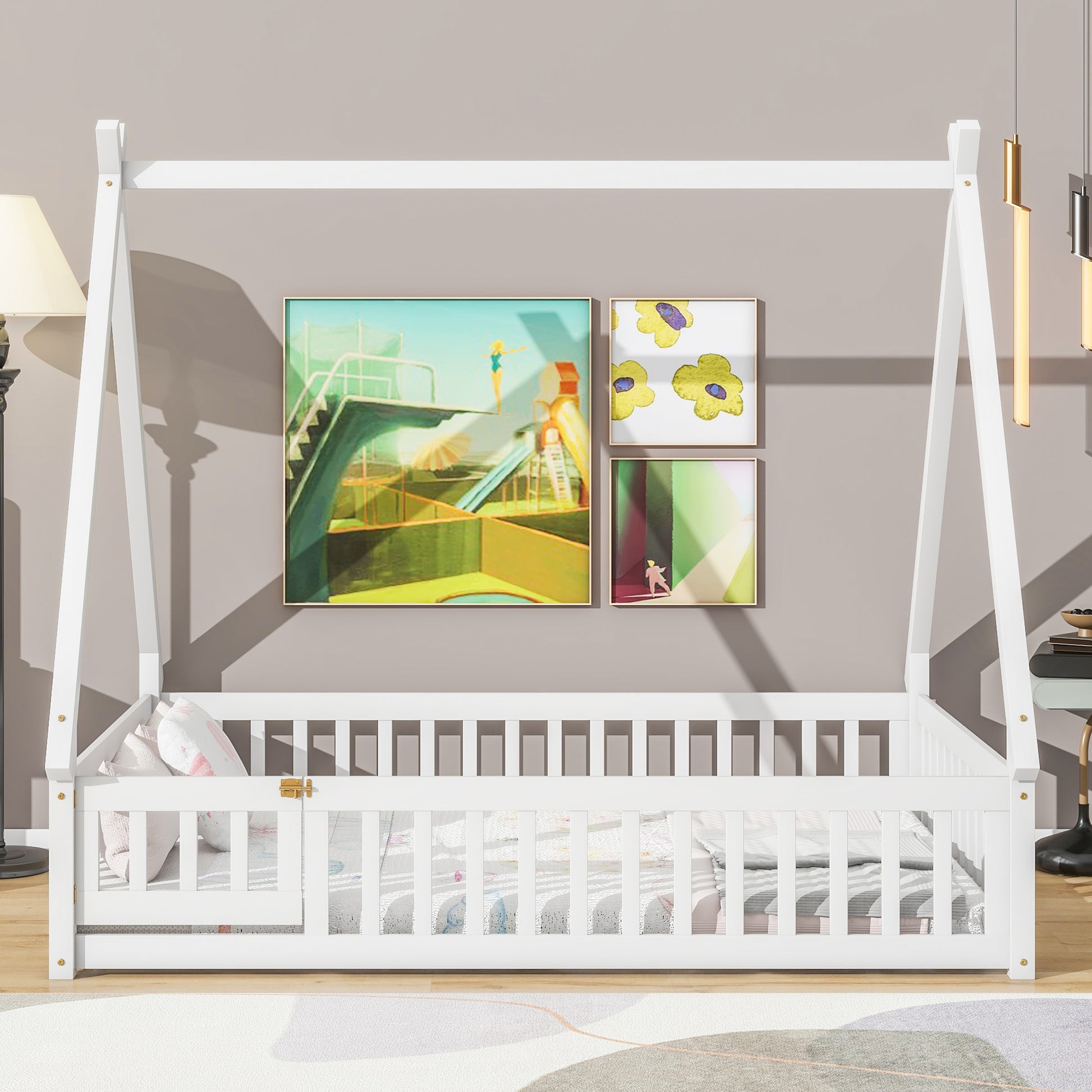 White wooden toddler bed with a canopy frame ideal for creating a dreamlike nursery