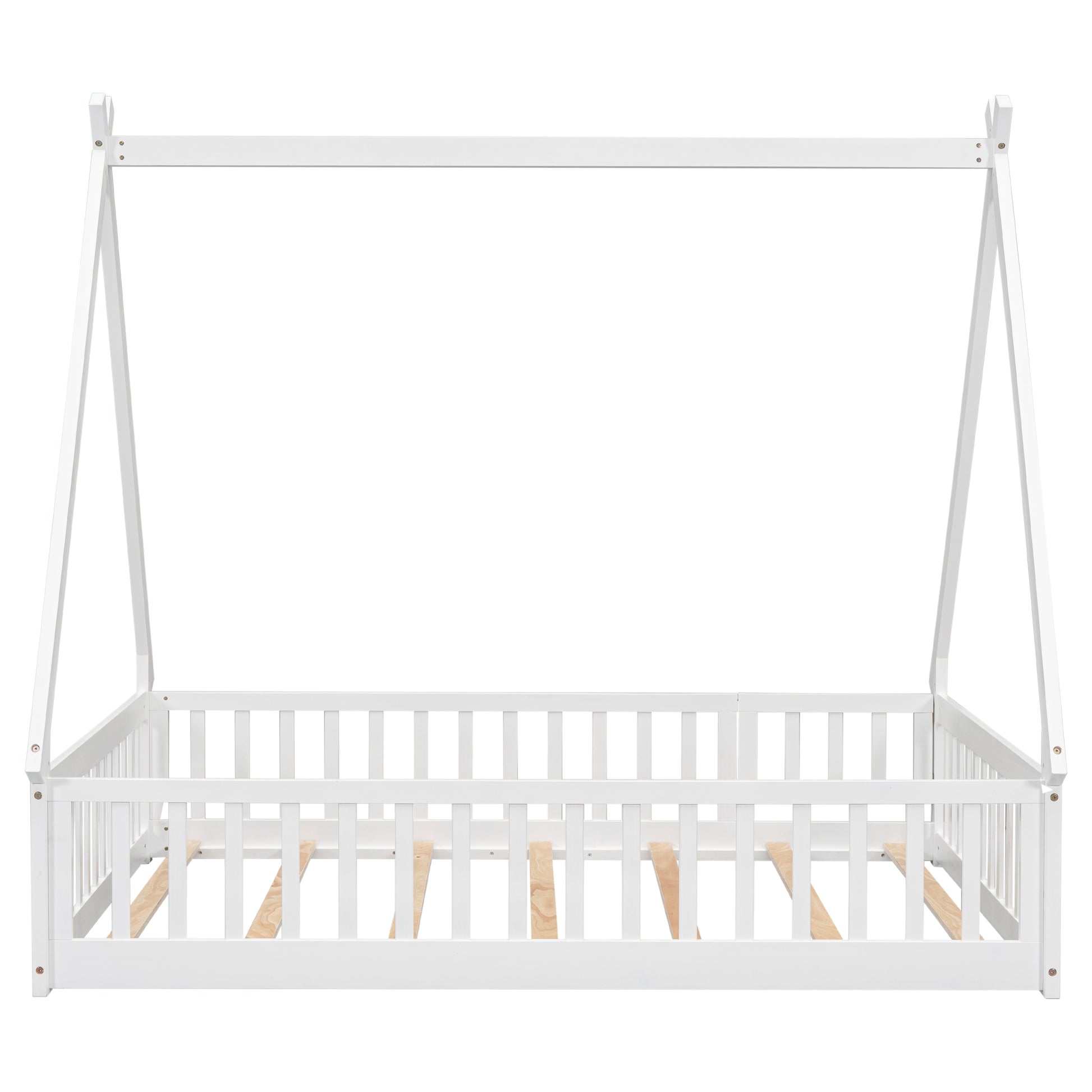 White wooden kids house bed frame with slatted sides