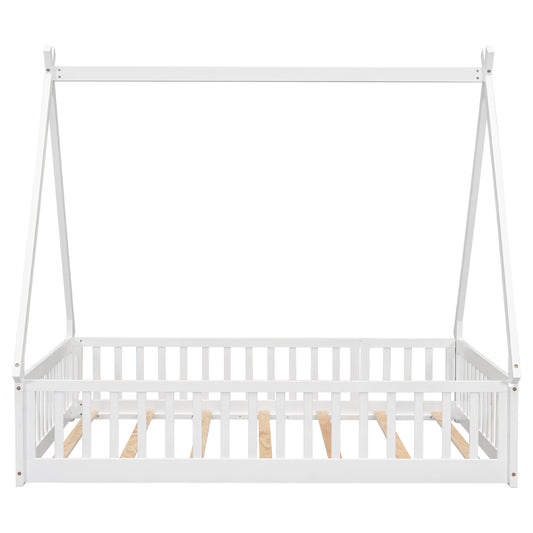 White wooden kids house bed frame with slatted sides