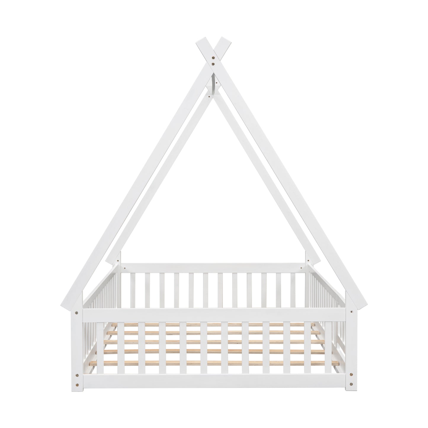 White wooden Montessori bed frame with teepee design