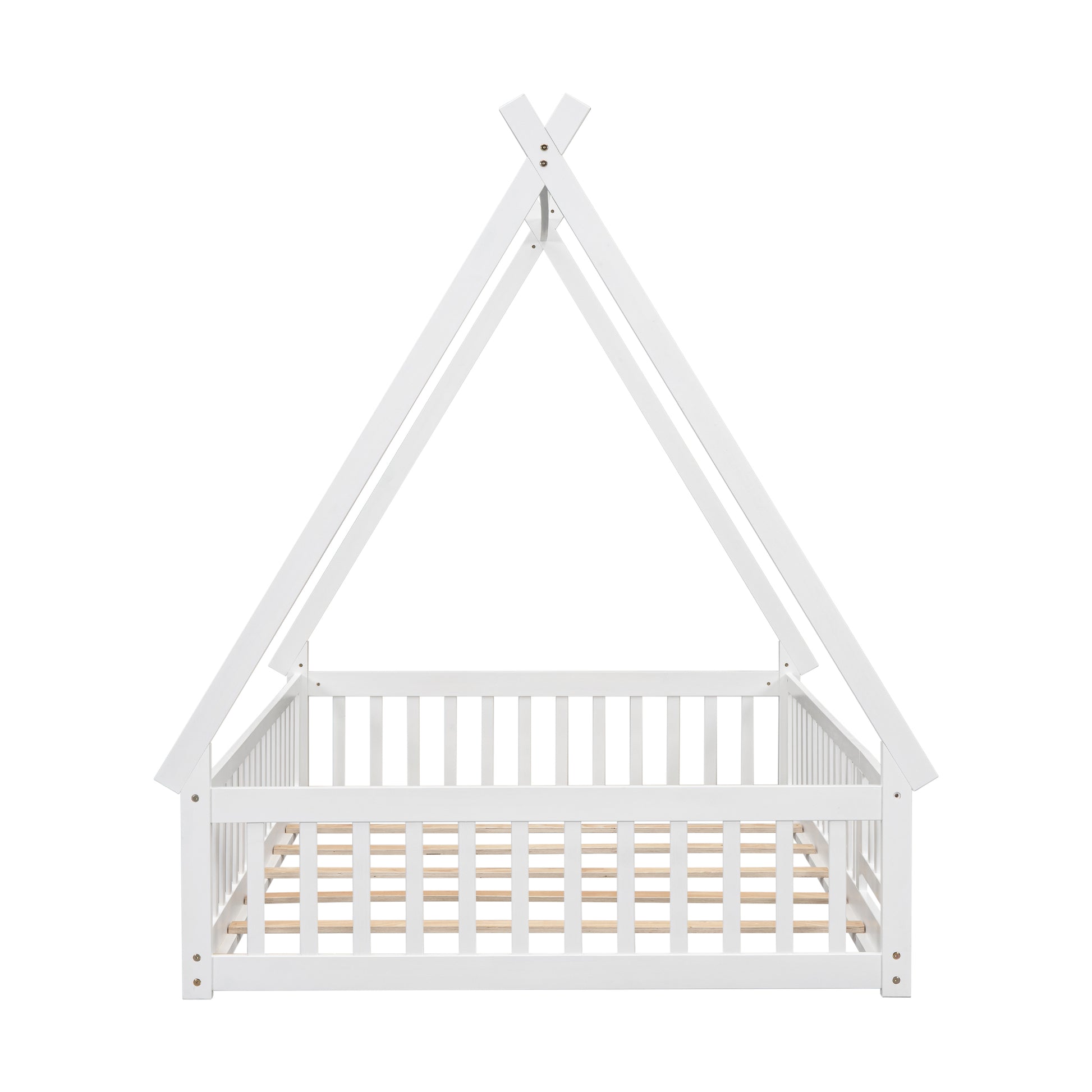 White wooden Montessori bed frame with teepee design