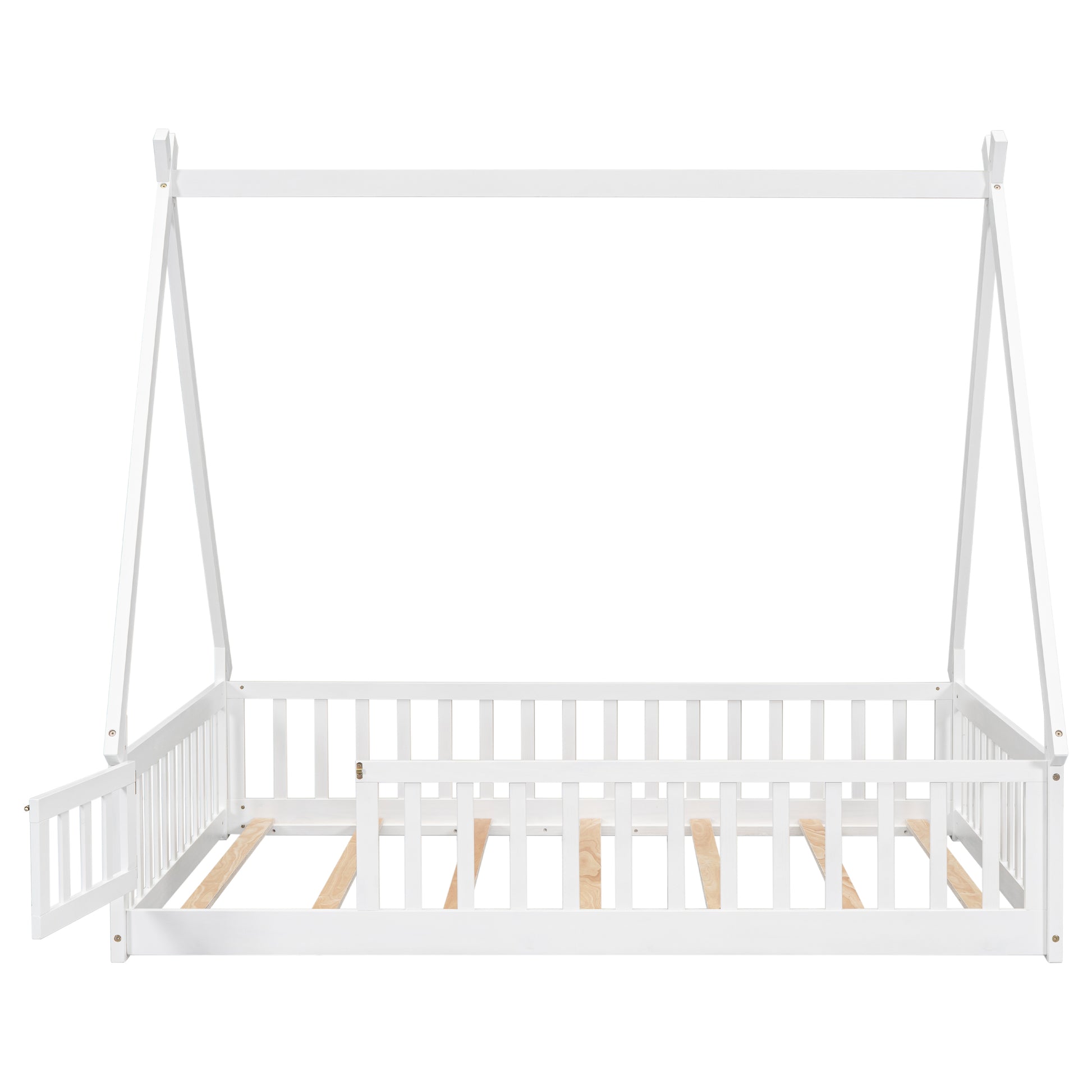White wooden toddler bed frame with safety rails and canopy structure