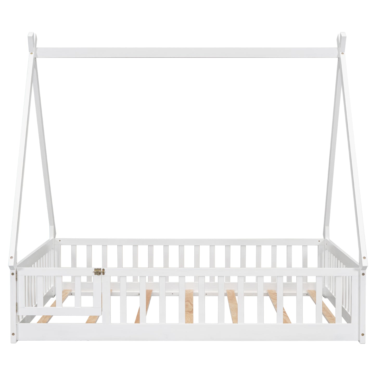 White wooden canopy bed frame with guardrails
