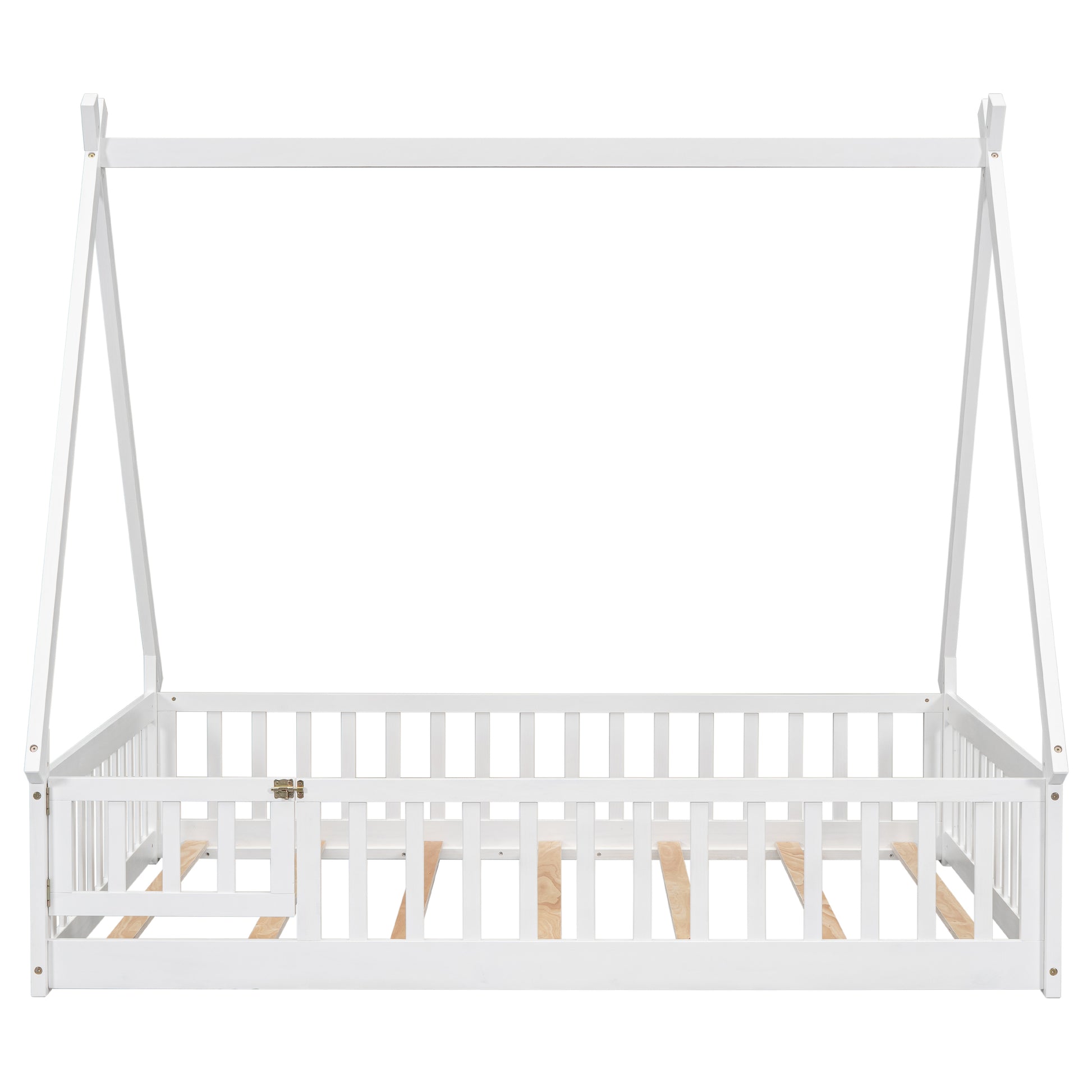 White wooden canopy bed frame with guardrails