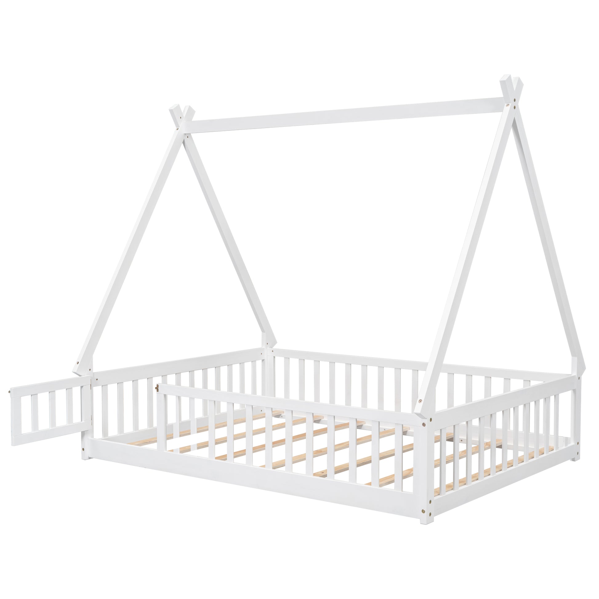 White wooden house bed frame with slatted base and open entrance