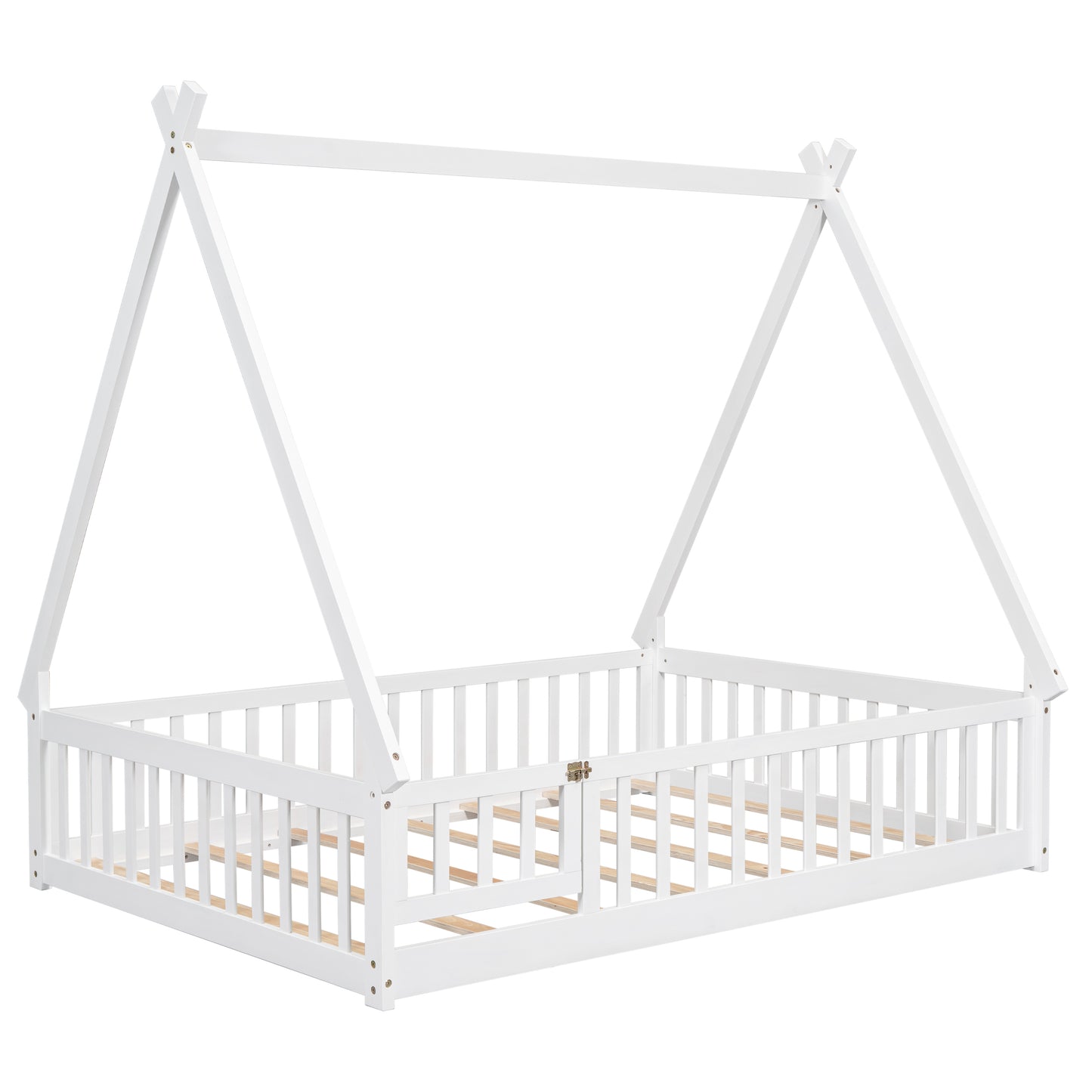 White wooden teepee bed frame with railing