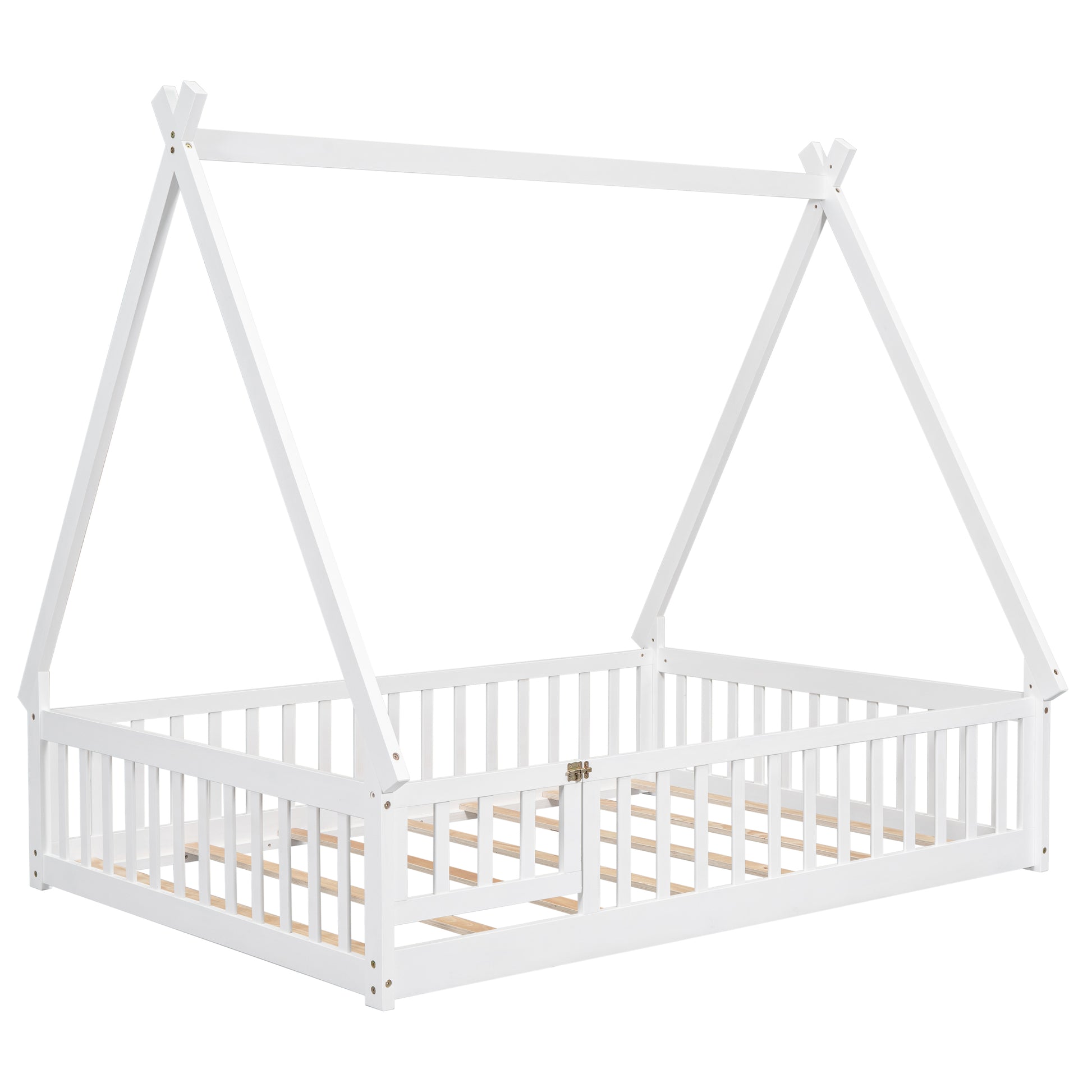 White wooden teepee bed frame with railing