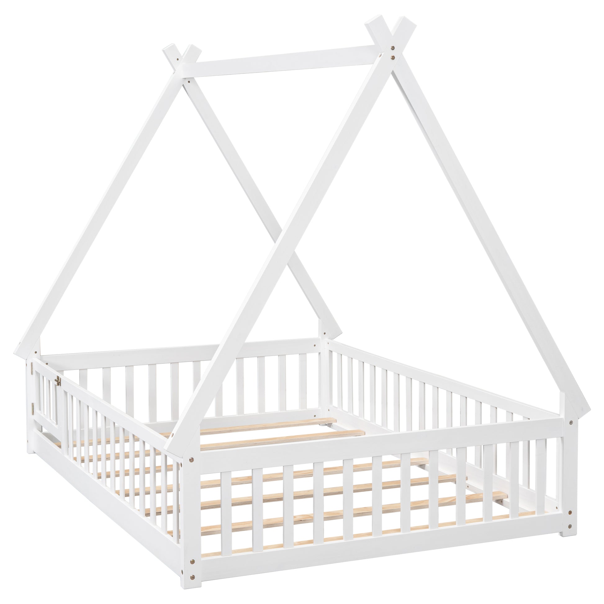 White wooden Montessori bed frame with a tentlike canopy structure
