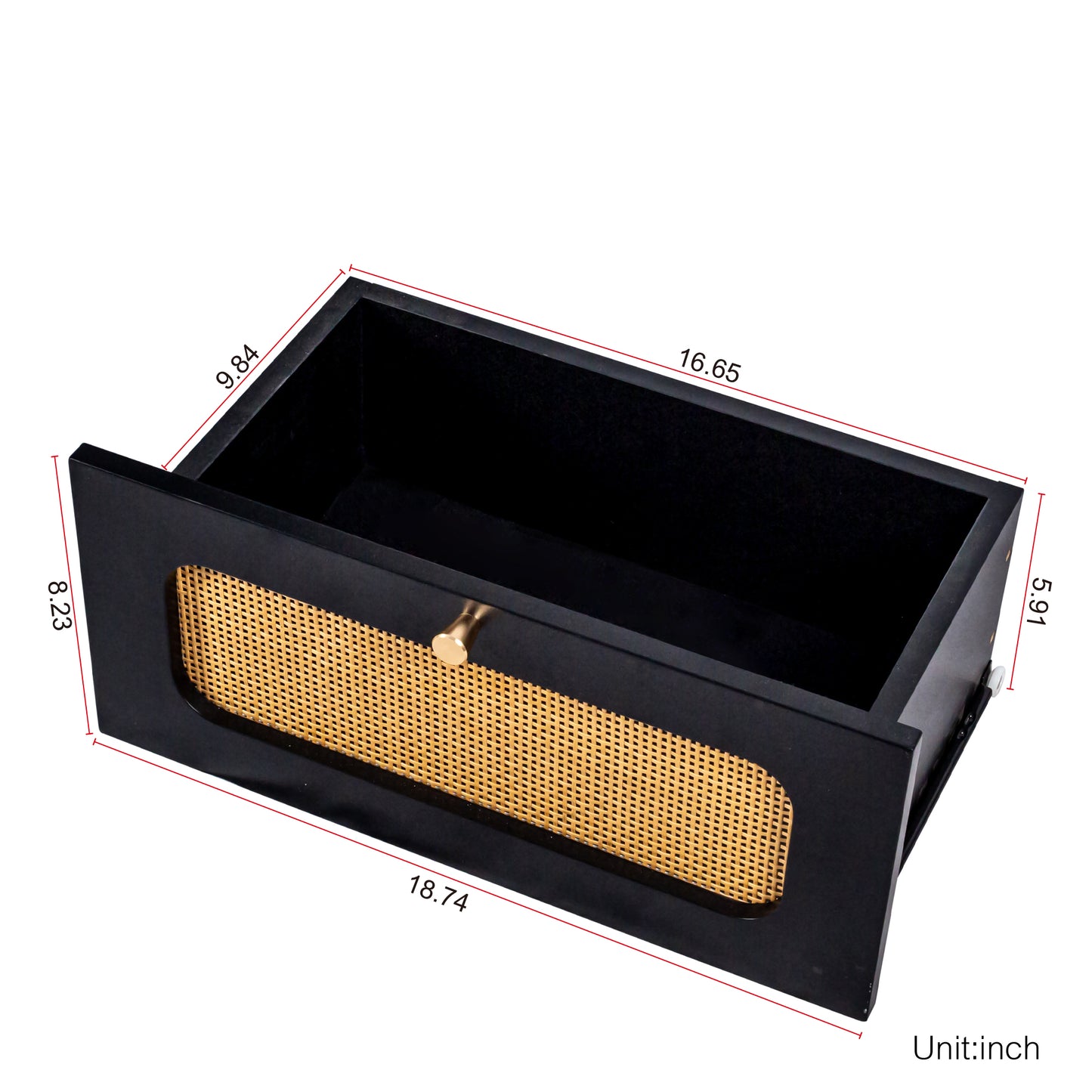 Black wooden drawer with woven cane front and brass knob for desktop organization