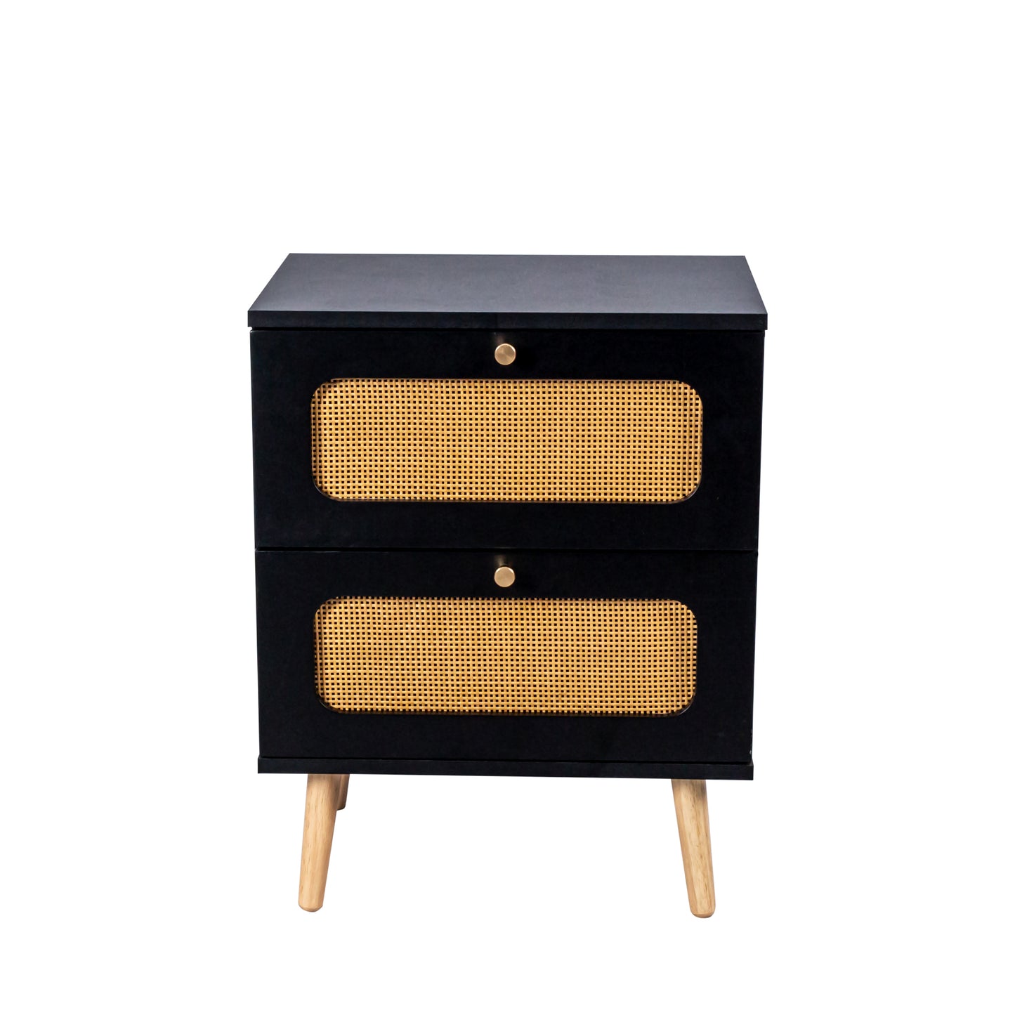 Black nightstand with two canefront drawers and gold knobs
