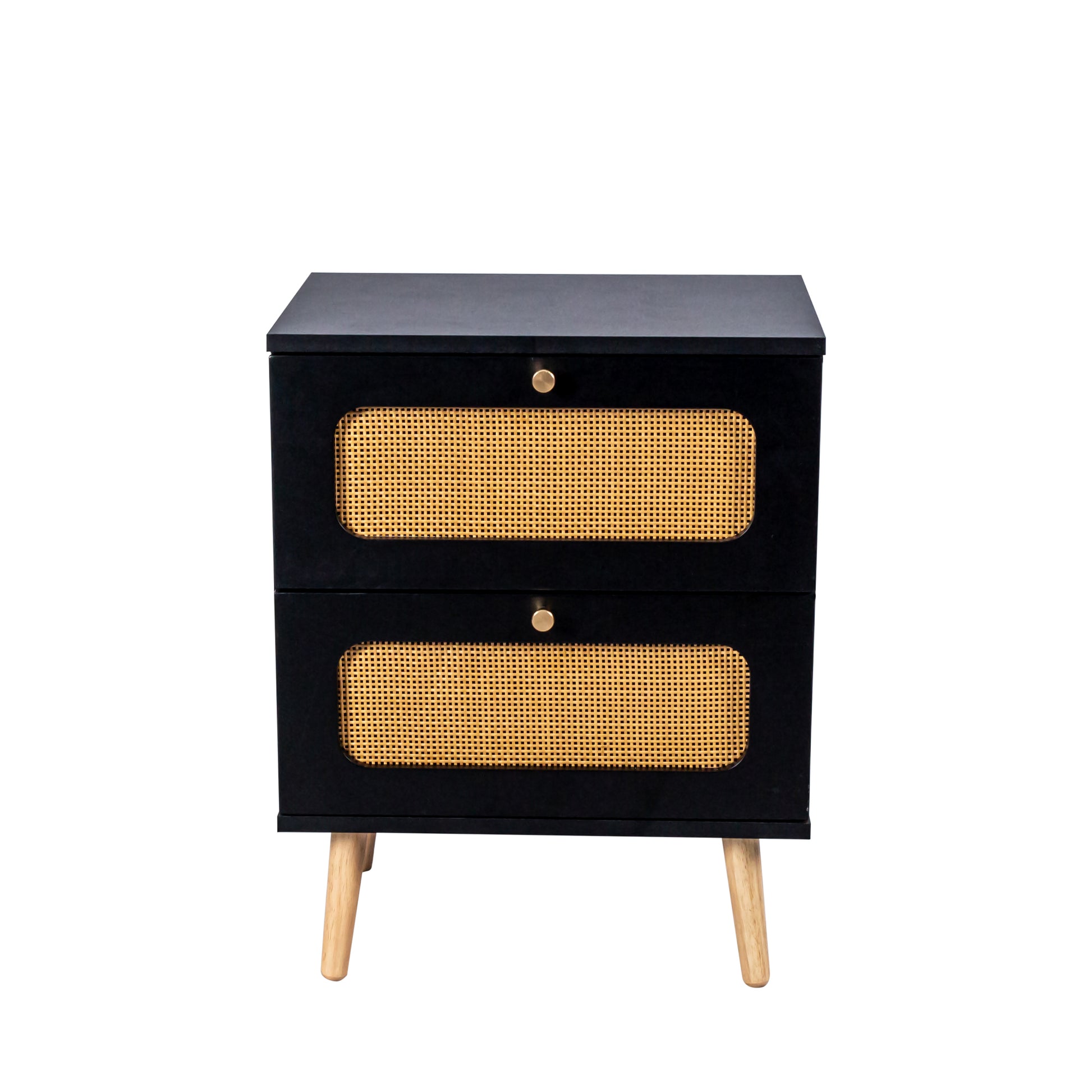 Black nightstand with two canefront drawers and gold knobs
