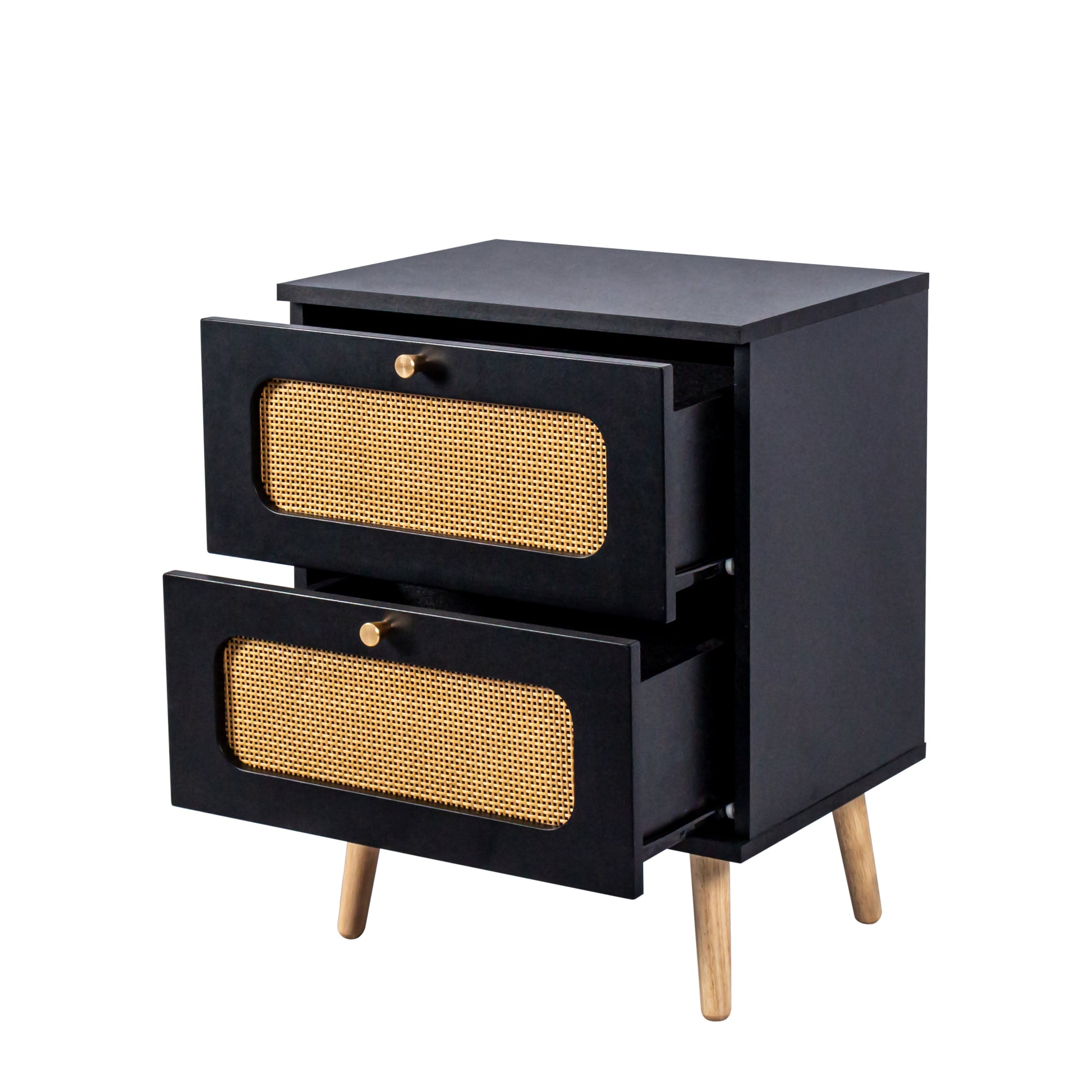 Black bedside table with cane drawer fronts and tapered wooden legs