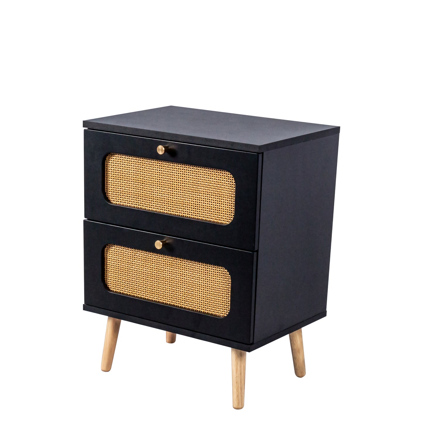 Black twodrawer nightstand with rattan fronts and gold knobs