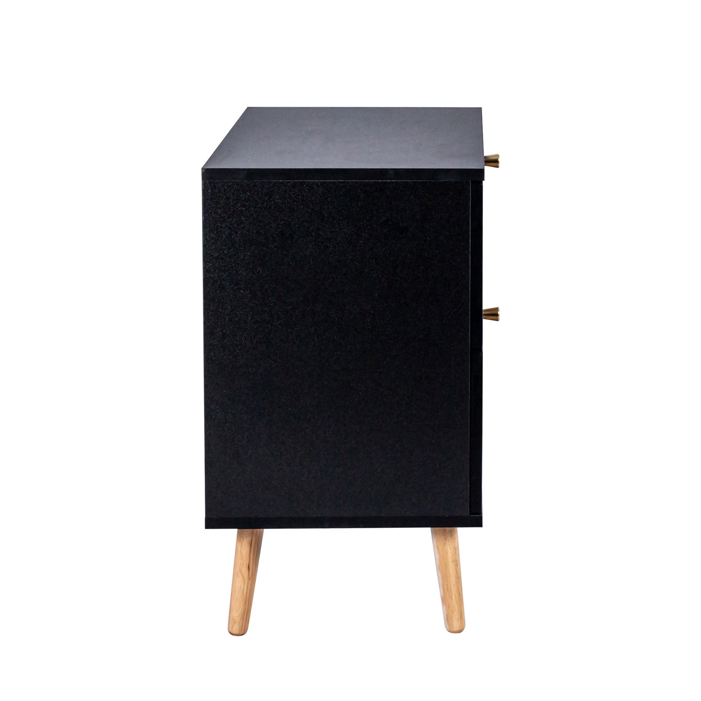 Black textured nightstand with wooden legs and gold drawer pulls